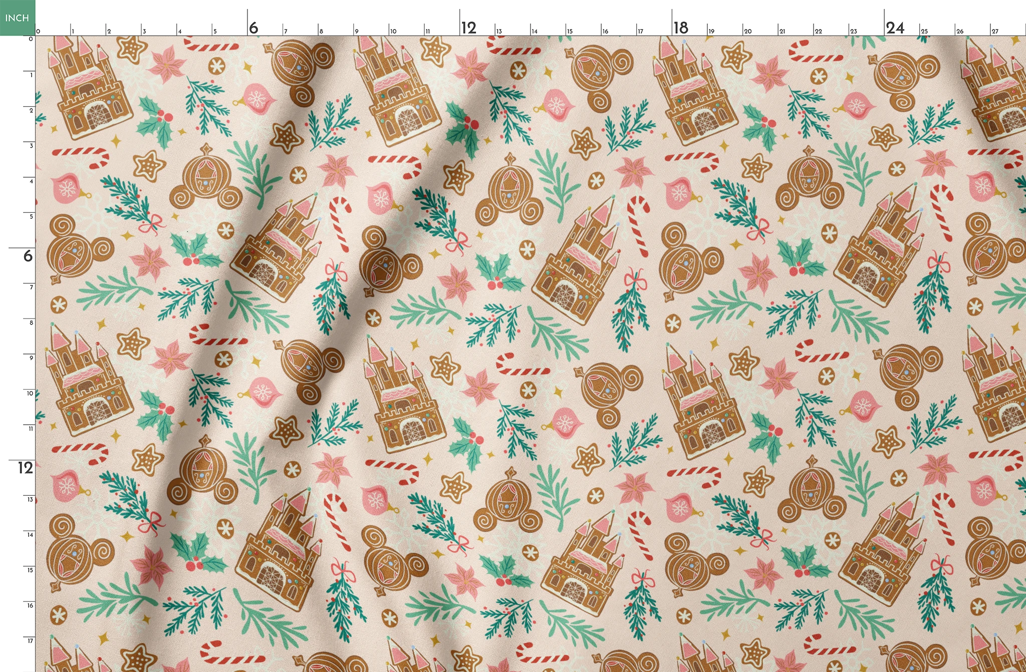 Disney Christmas pattern with gingerbread castles, carriages, candy canes, stars, and pine sprigs in holiday colors springs fatquarter mockup