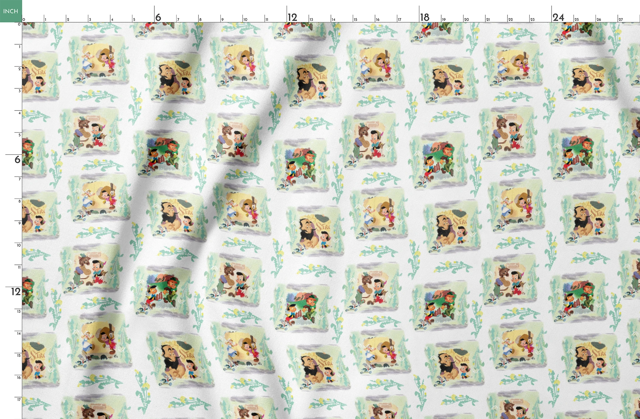 Cartoon pattern featuring Pinocchio characters in framed scenes with decorative greenery on white background springs fatquarter mockup