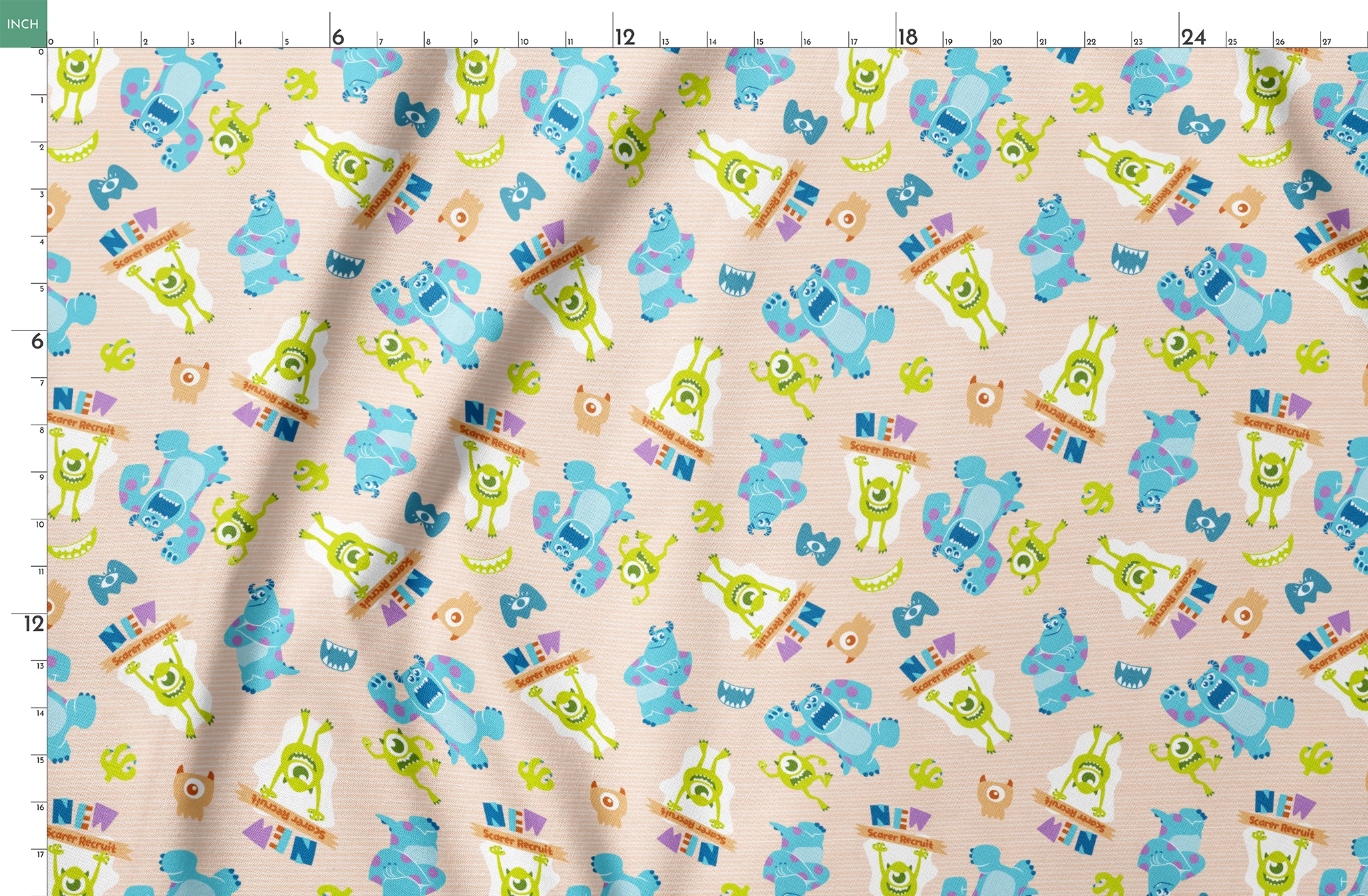 Colorful Monsters Inc pattern with Mike and Sully characters on peach background with scattered letters springs fatquarter mockup