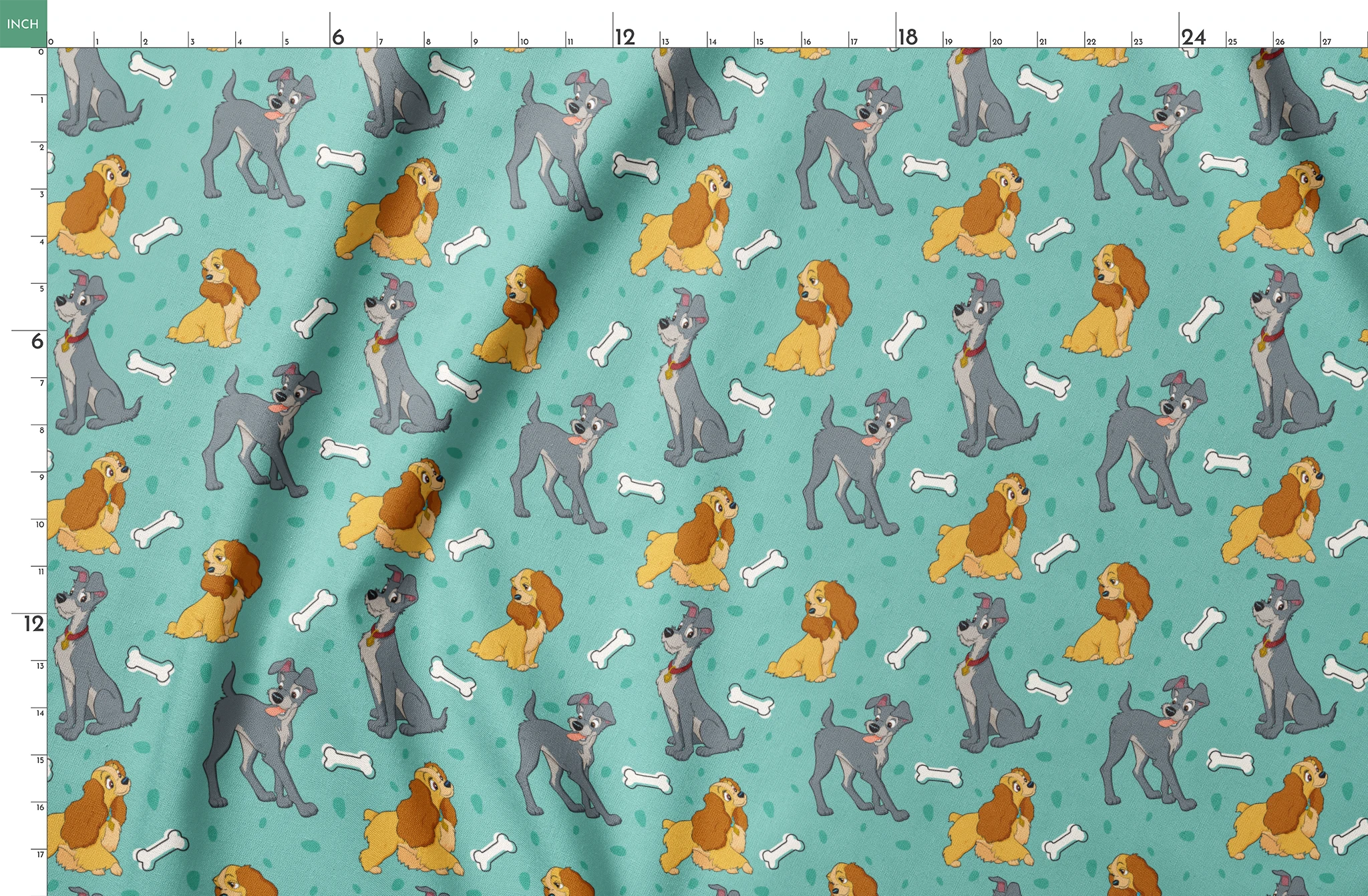 Cartoon pattern of gray dogs and golden cocker spaniels with white bones on turquoise background springs fatquarter mockup