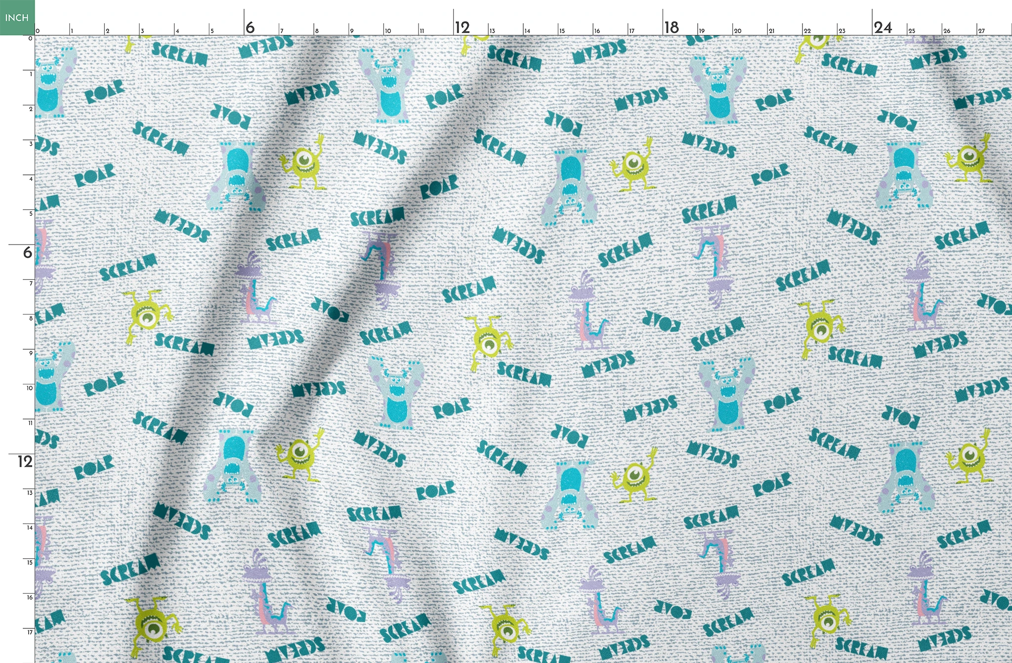 Monsters Inc pattern with teal "SCREAM" text, Mike Wazowski and Sulley on light textured background springs fatquarter mockup