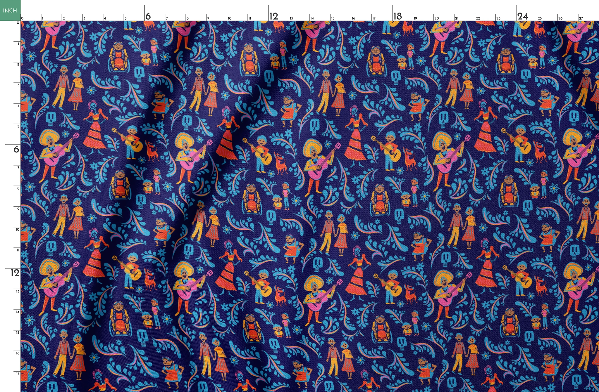 Colorful Coco folk art pattern with figures playing guitars, dancing, and blue skulls on dark background springs fatquarter mockup