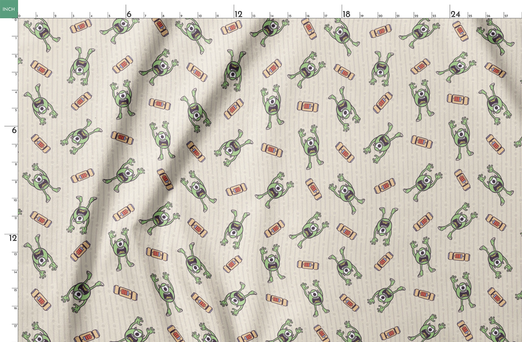 Cartoon Mike Wazowski pattern on light striped background springs fatquarter mockup