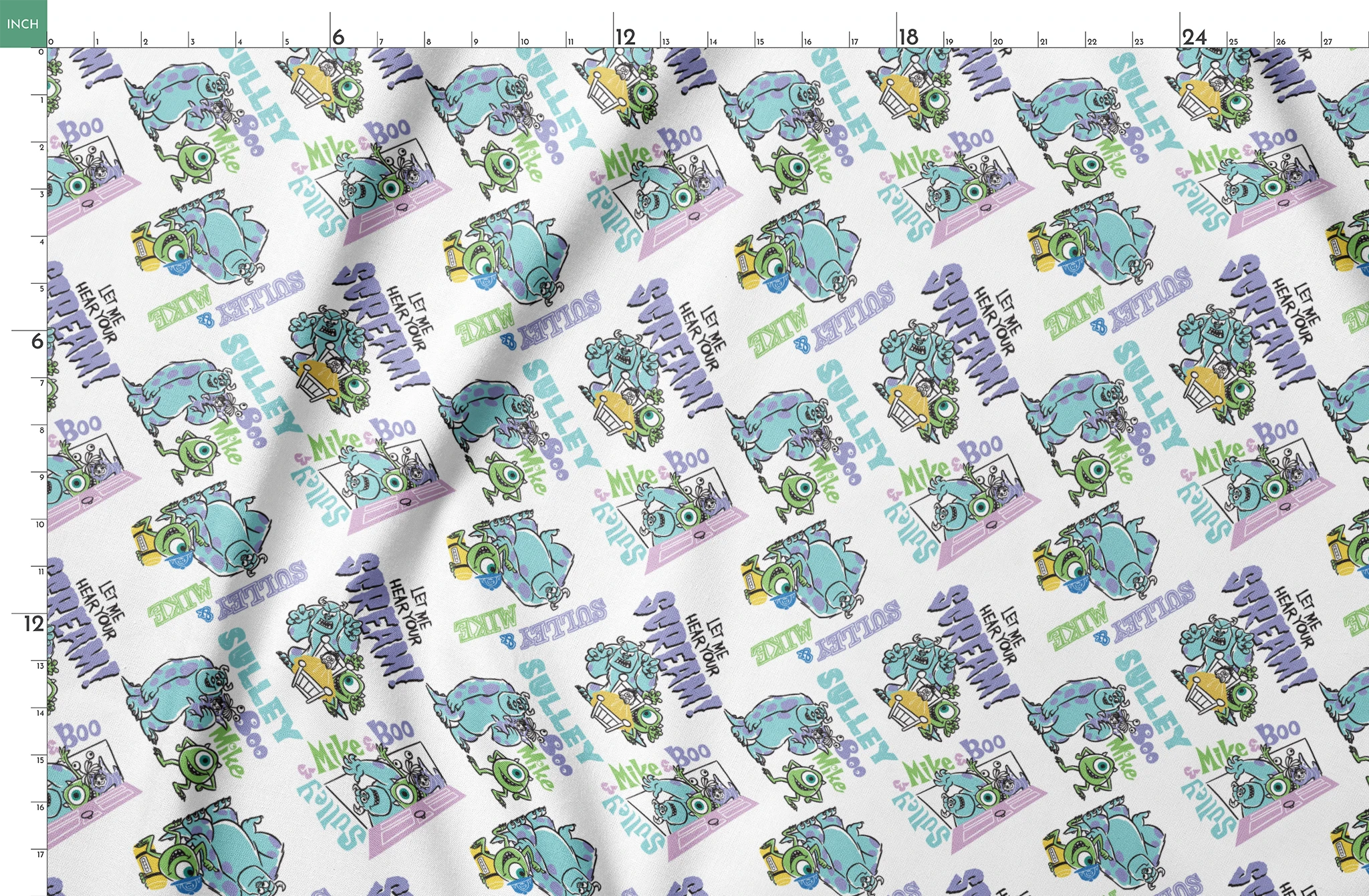 Monsters Inc pattern with Sulley and Mike characters in blue and green, with text like "Boo" and "Monsters" scattered throughout. springs fatquarter mockup