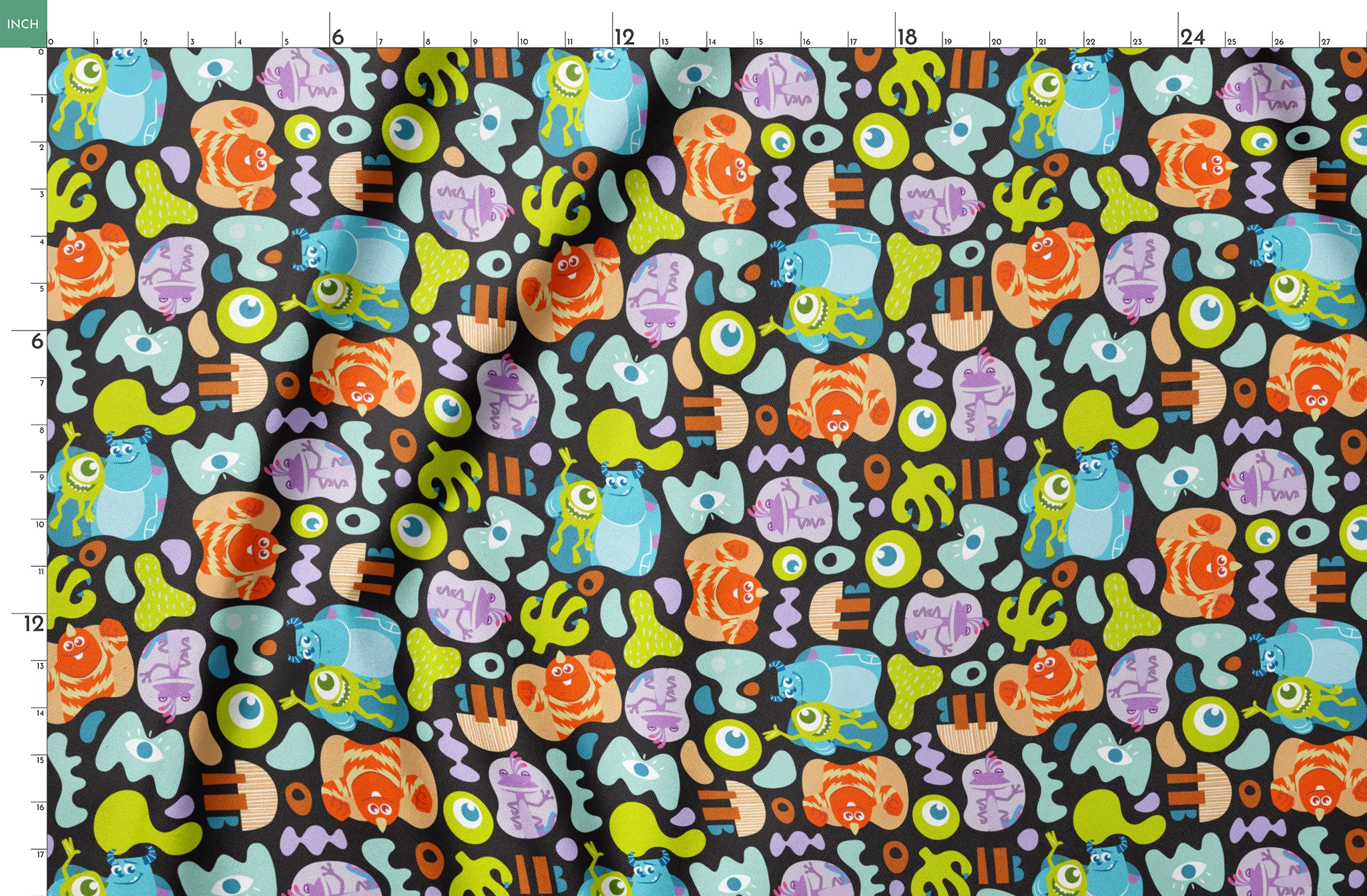 Colorful Monsters Inc pattern with Mike, Sulley and other characters on black background springs fatquarter mockup