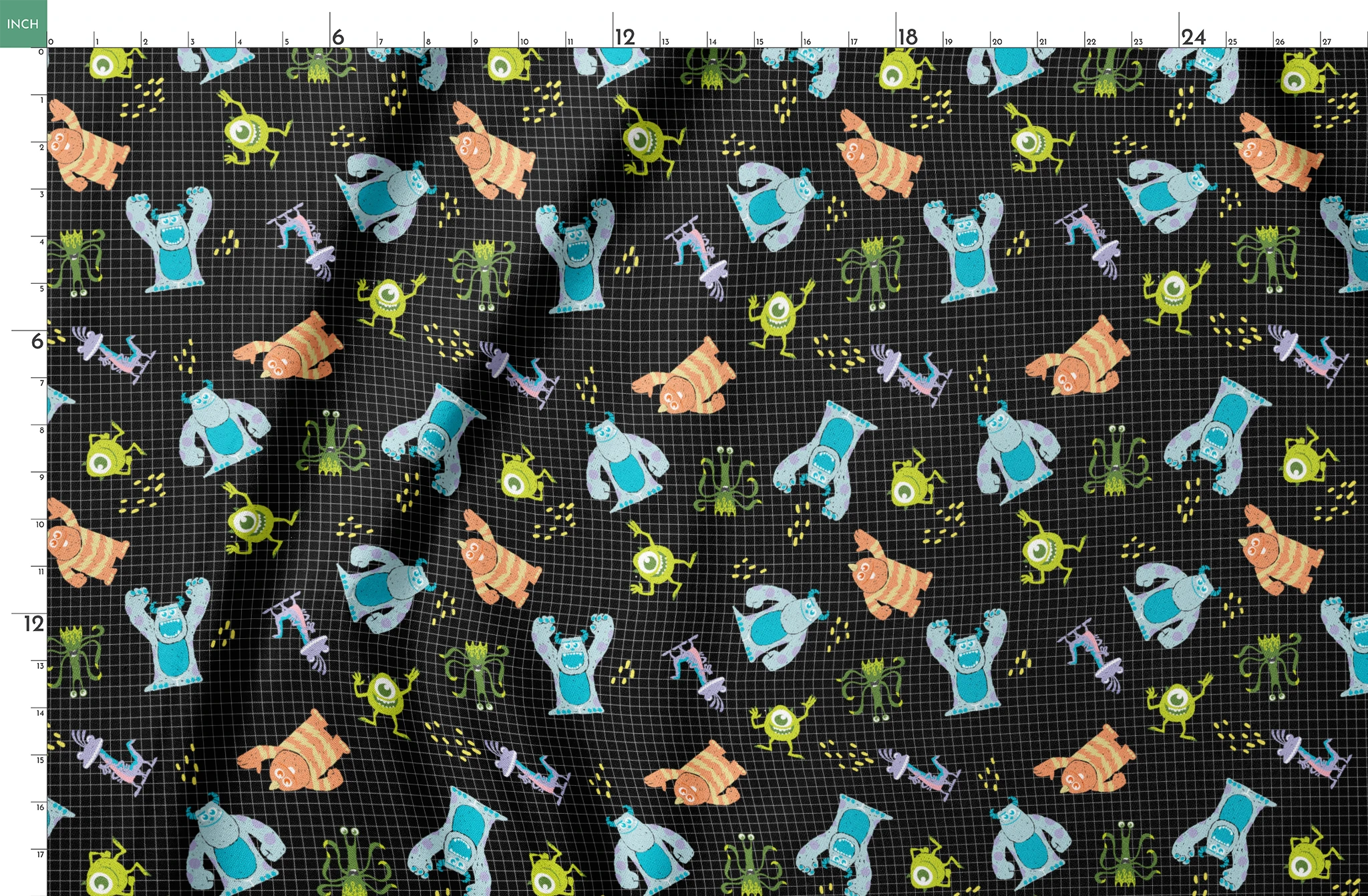 Monsters Inc pattern with Sulley, Mike, & friends on black grid background springs fatquarter mockup