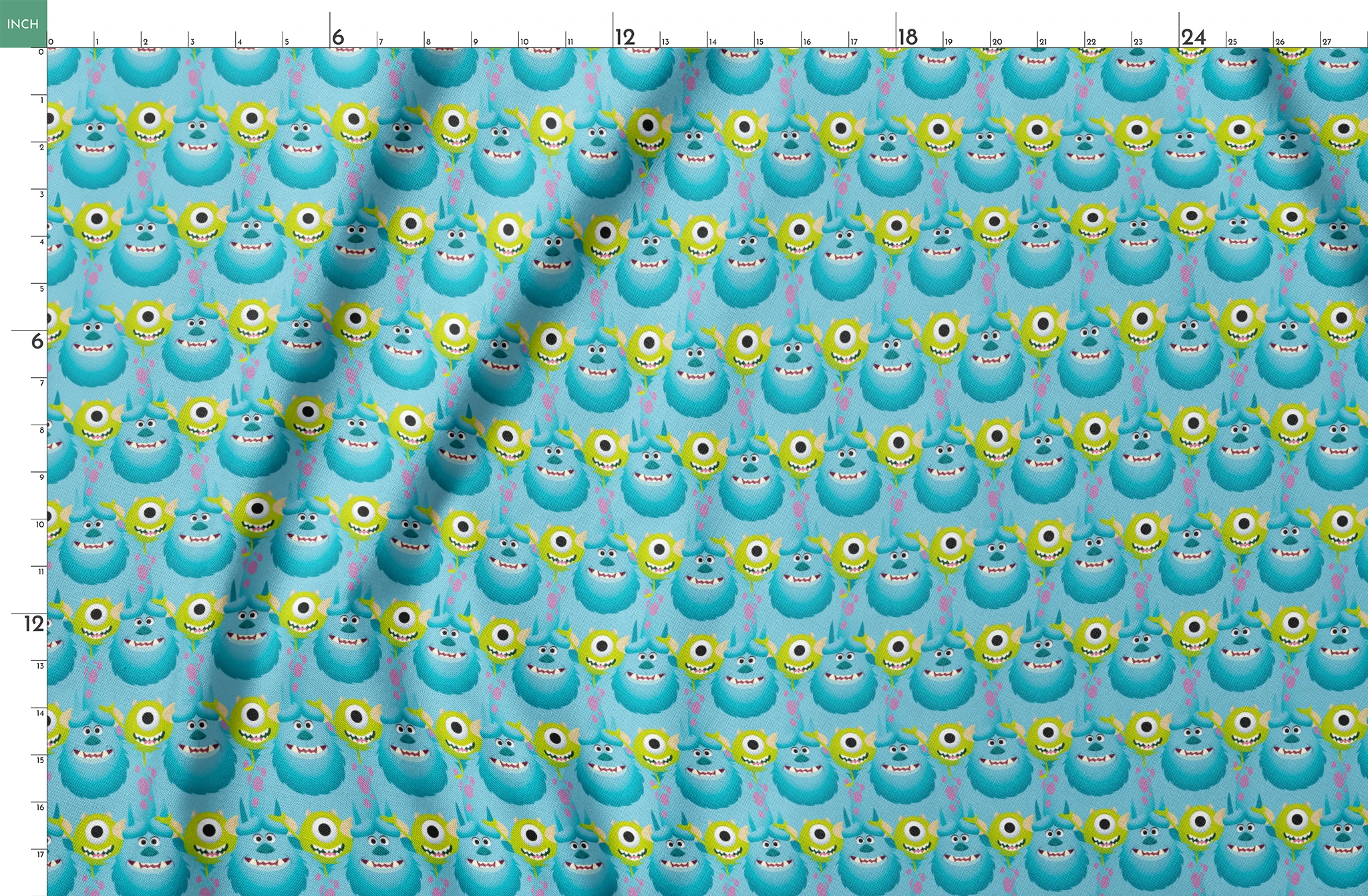 Repeating pattern of Monsters Inc characteres - Mike & Sulley on light blue background. springs fatquarter mockup
