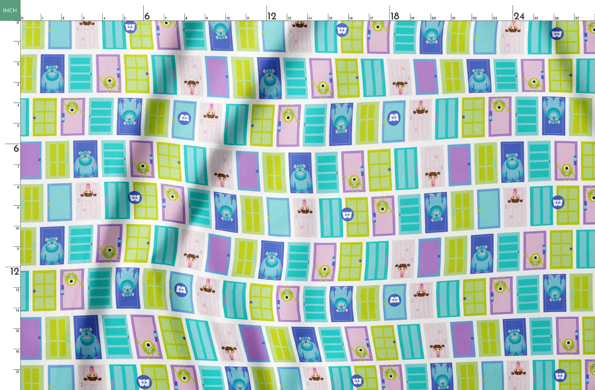 Colorful cartoon monster doors pattern inspired by Monsters Inc. with teal, purple, and green doors springs fatquarter mockup