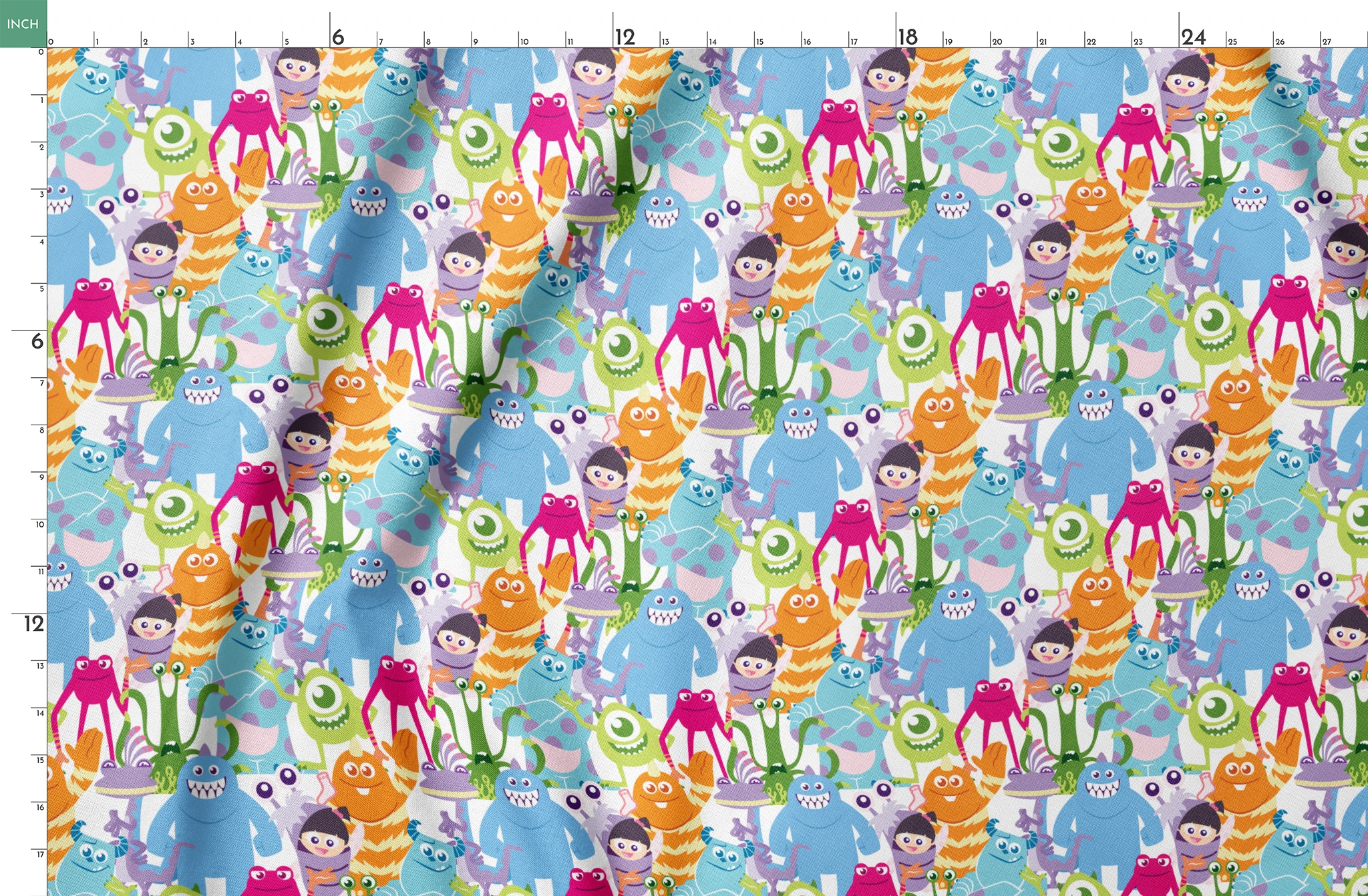 Colorful Monsters Inc pattern with various shapes, sizes and bright colors like blue, pink, orange and green. springs fatquarter mockup