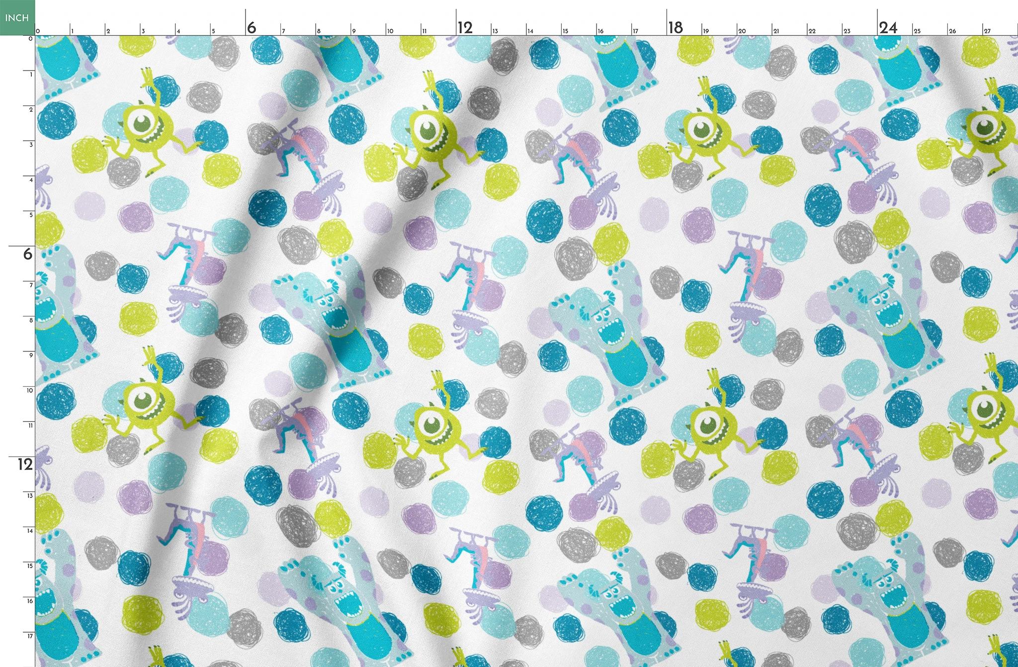 Colorful pattern featuring cartoon monsters with polka dots in blue, green, and purple on white background springs fatquarter mockup