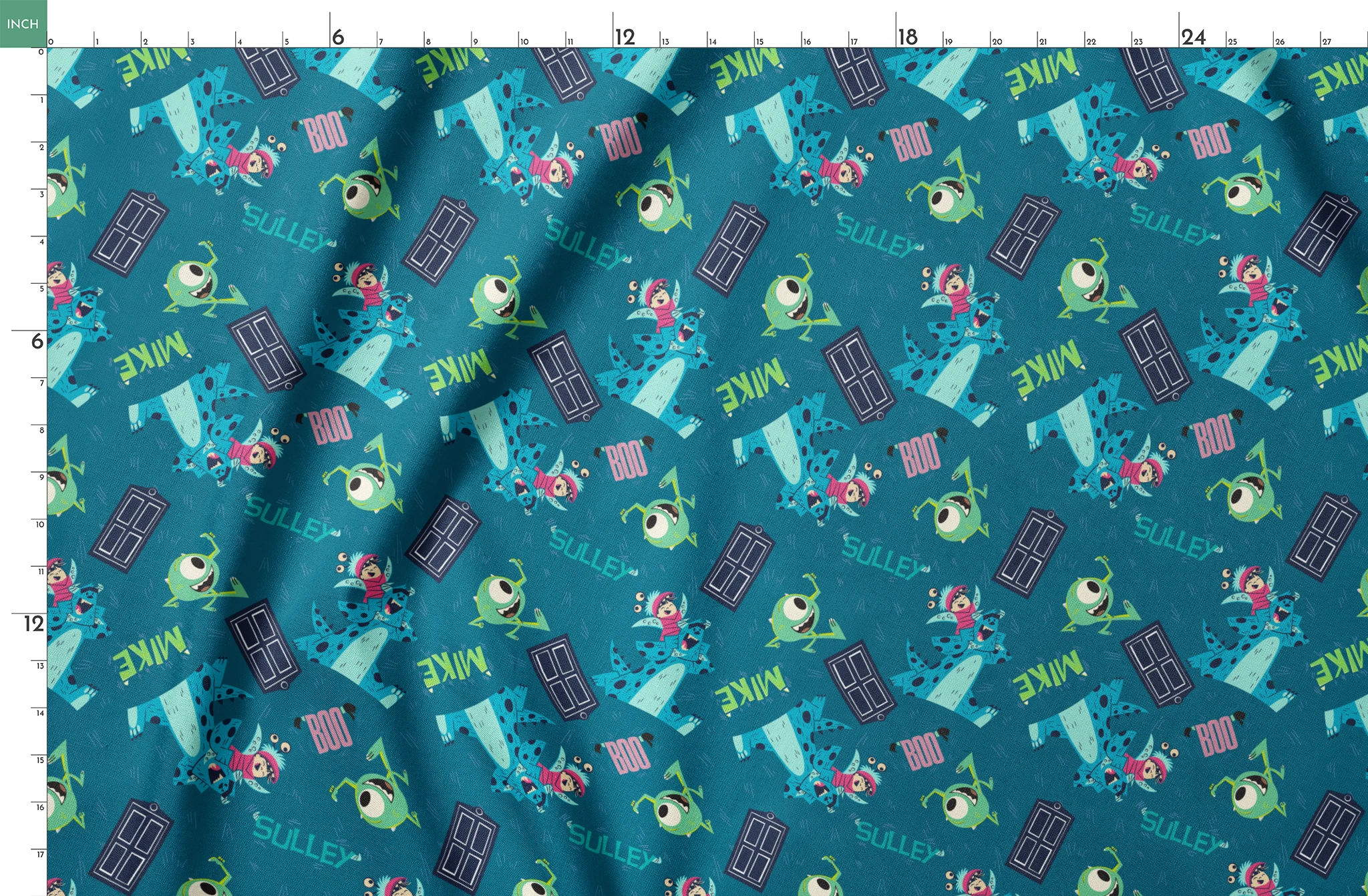 Monsters Inc pattern with Mike, Sulley, Boo characters, and doors on teal background springs fatquarter mockup