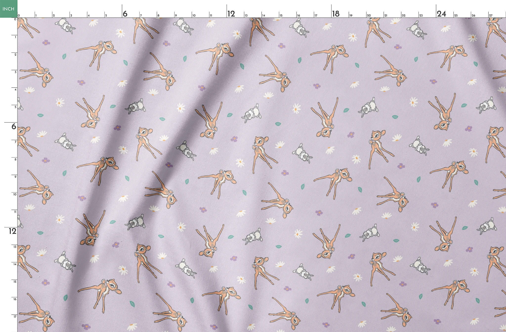 Seamless pattern of cartoon deer and bunnies with daisies and small flowers on lavender background springs fatquarter mockup