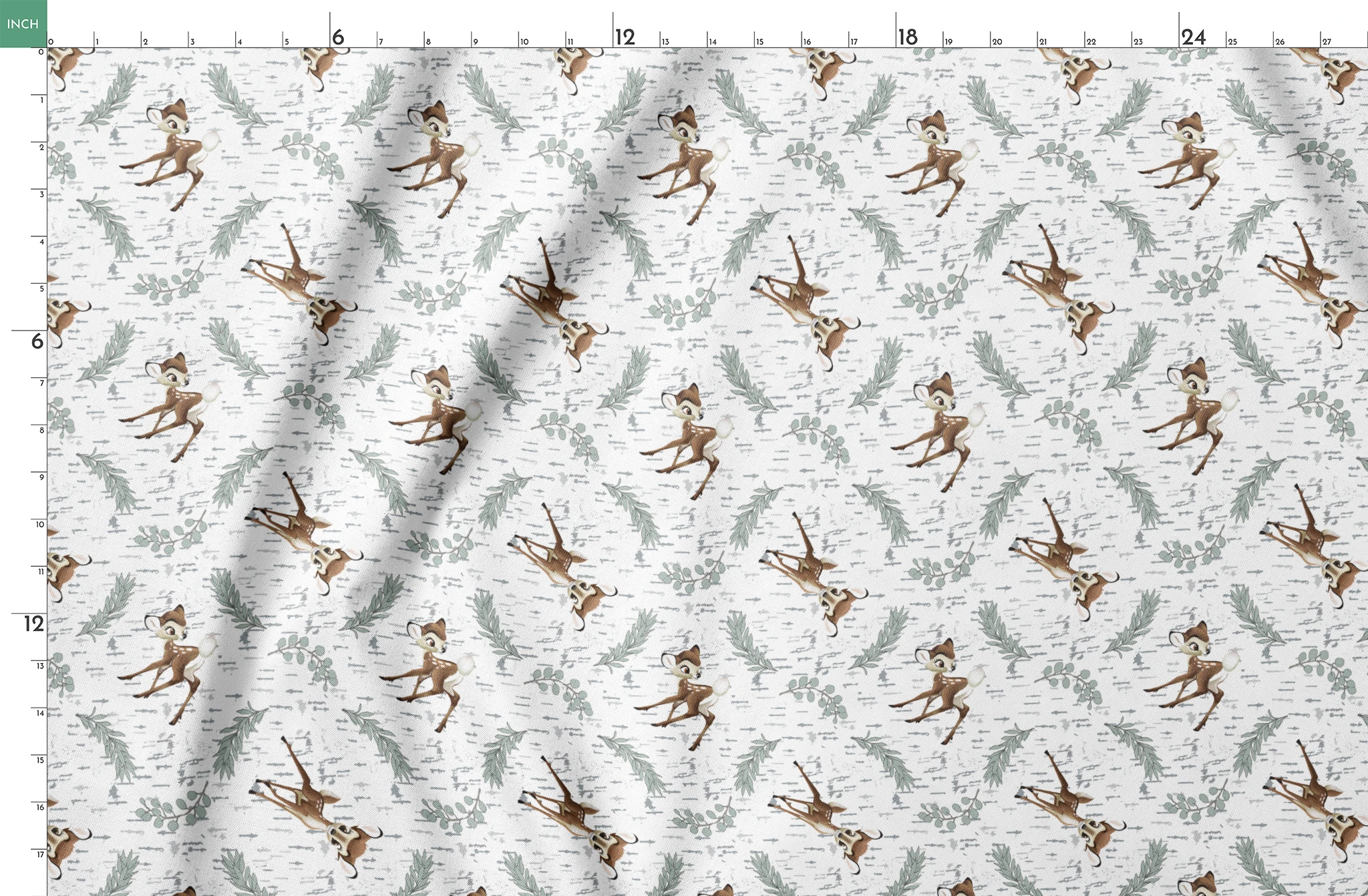 Disney’s Bambi surrounded by sage green sprigs, leafy branches, and birch bark textures on a white background in a woodland-themed scattered repeat. springs fatquarter mockup