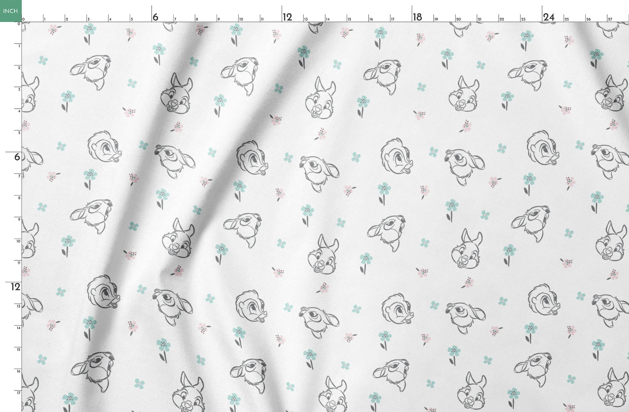 Sketch-style animals from Disney Bambi with pastel flowers on a white background. springs fatquarter mockup
