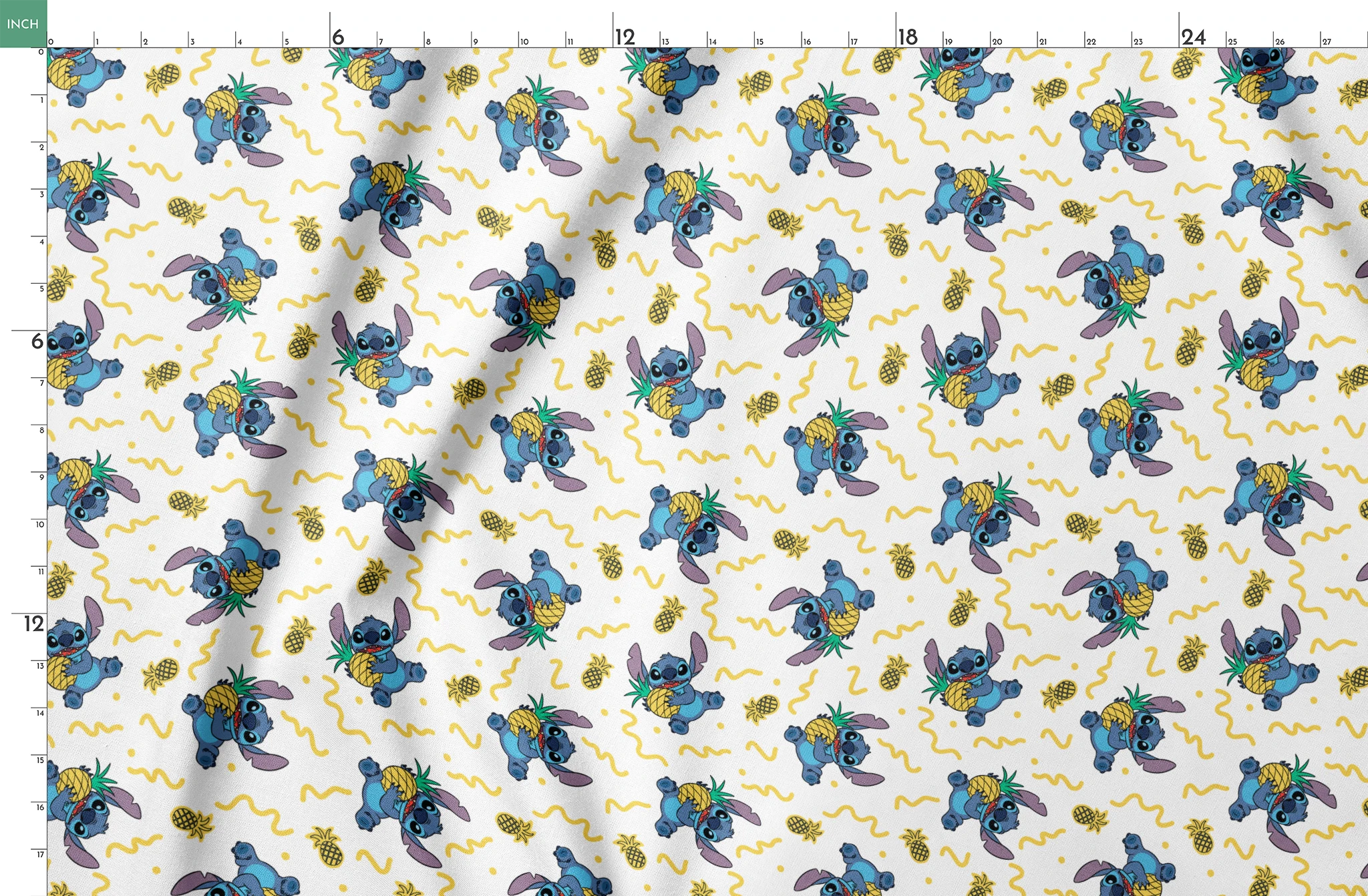 Disney's Stitch holding pineapples with yellow squiggly lines on white background pattern springs fatquarter mockup