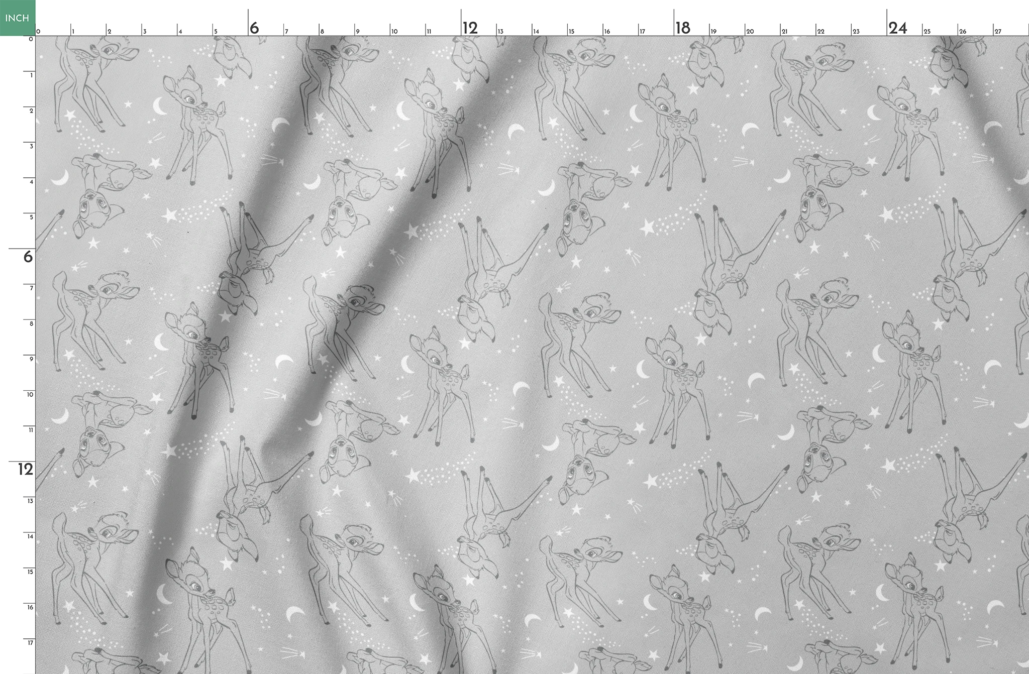 Line art illustrations of Disney’s Bambi surrounded by stars, moons, and stardust trails on a soft gray background in a scattered repeat. springs fatquarter mockup