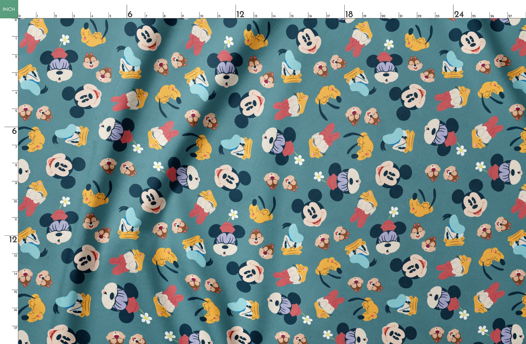 Disney cartoon characters pattern with Mickey Mouse, Donald Duck, and Pluto on teal background with small flowers springs fatquarter mockup