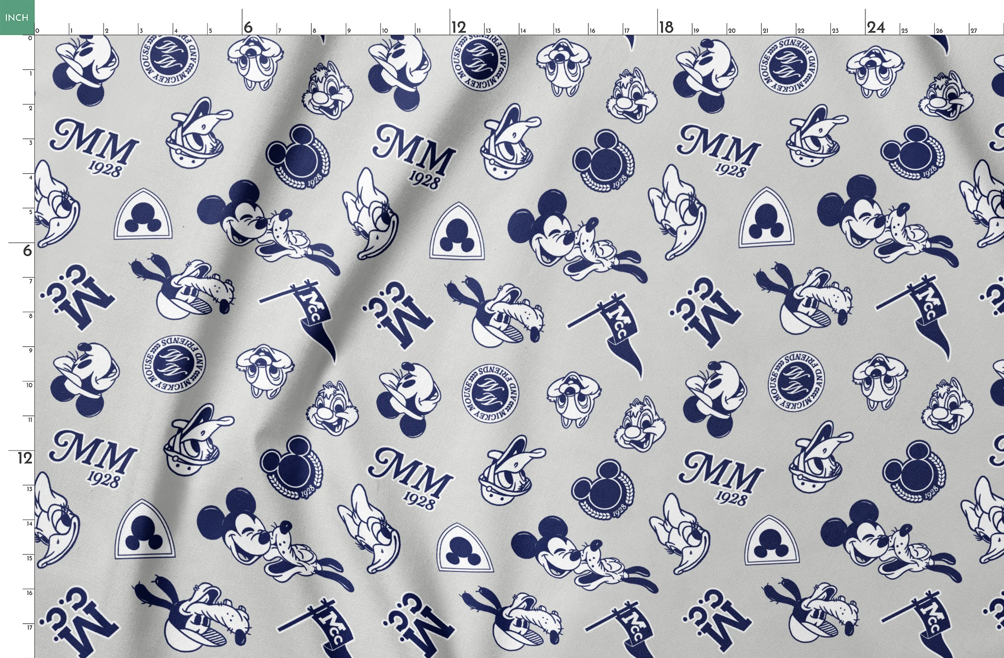 Disney character pattern with Mickey Mouse, Donald Duck and other classic cartoon figures in navy blue on light background. springs fatquarter mockup