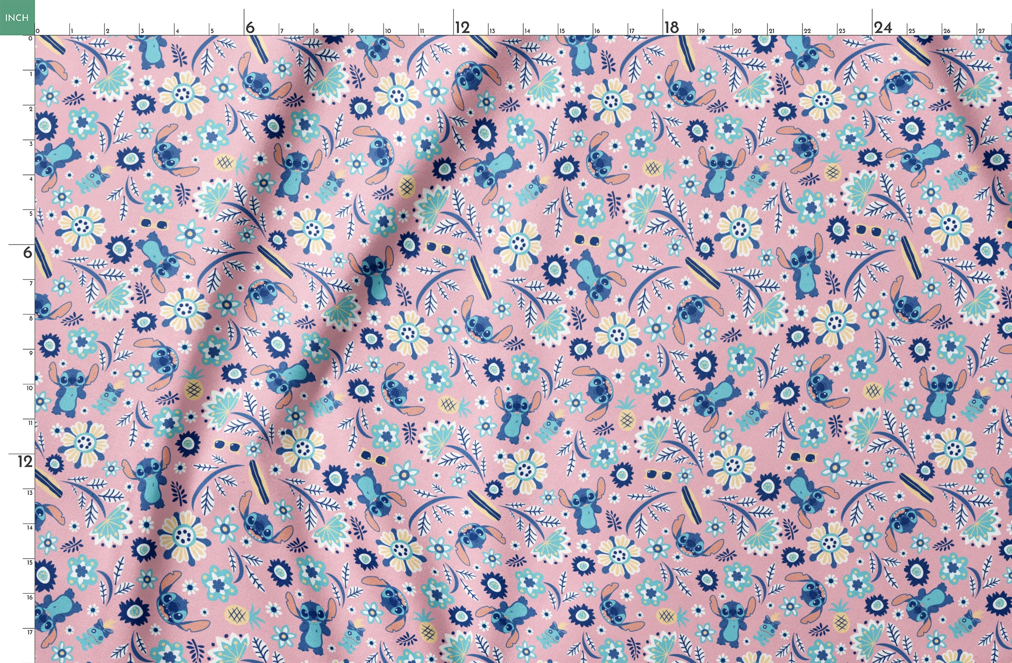 Floral pattern with Disney's Stitch, white daisies, and mint green accents on pink background springs fatquarter mockup