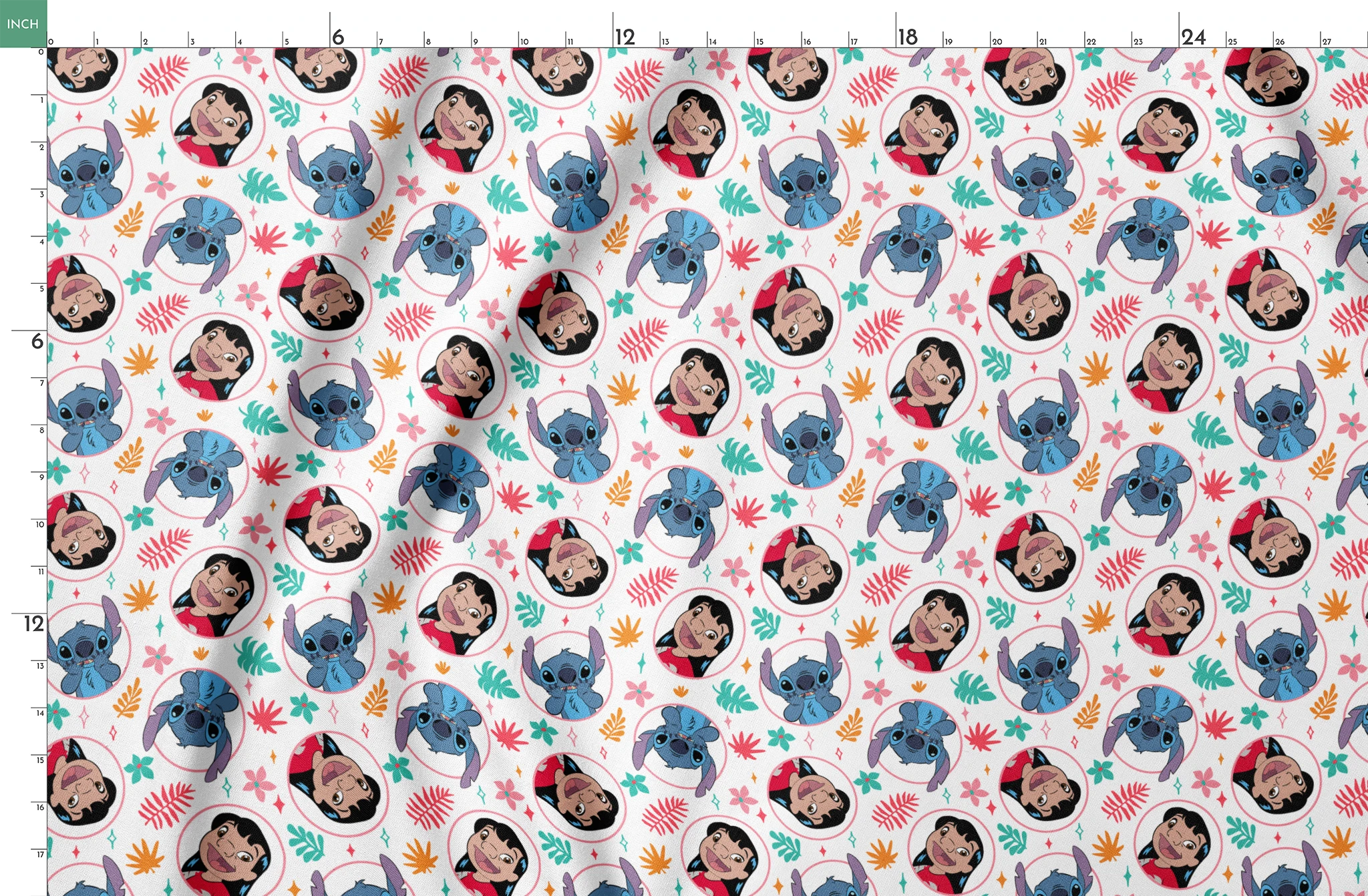 Colorful cartoon pattern with Lilo and Stitch in circles, surrounded by tropical leaves and stars springs fatquarter mockup