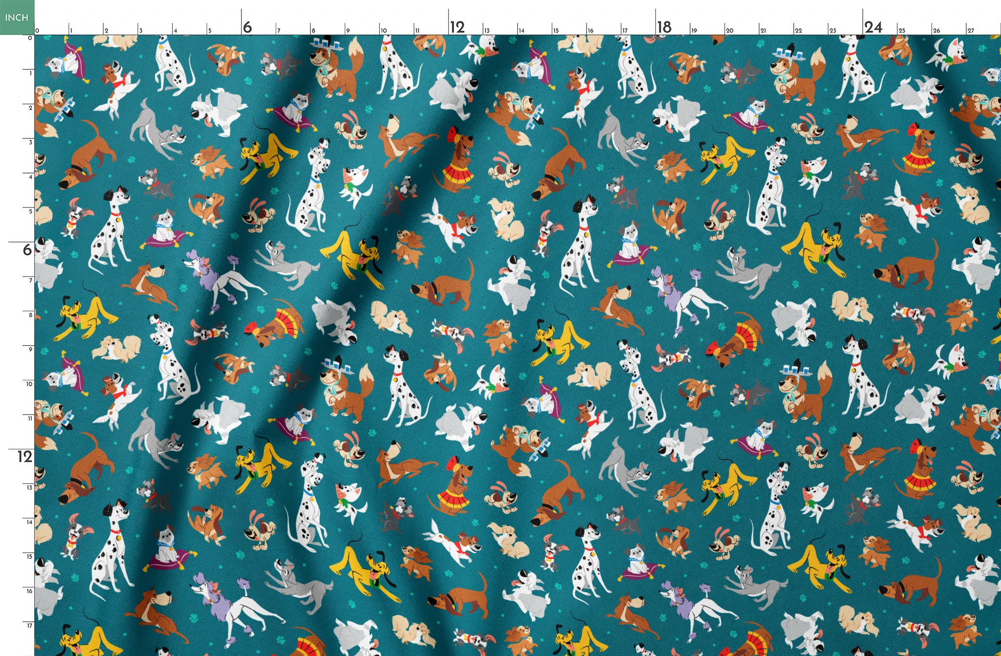 Teal pattern featuring Disney cartoon dogs like Dalmatians, Pluto, Lady and the Tramp, Copper, and other animated pups. springs fatquarter mockup