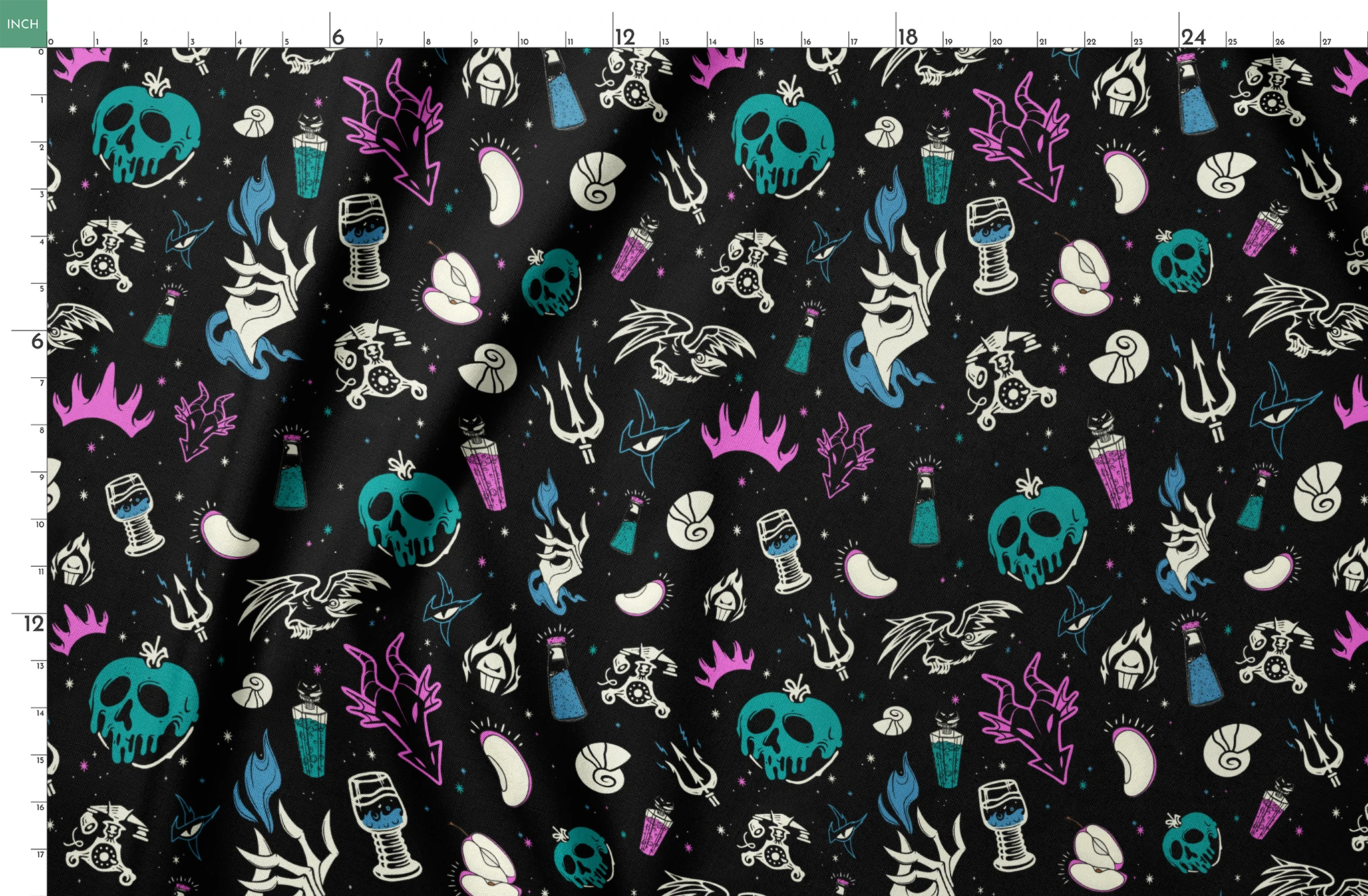 Gothic pattern with Disney villain-inspired icons like skulls, potions, and flames in teal, purple, and blue on black background. springs fatquarter mockup