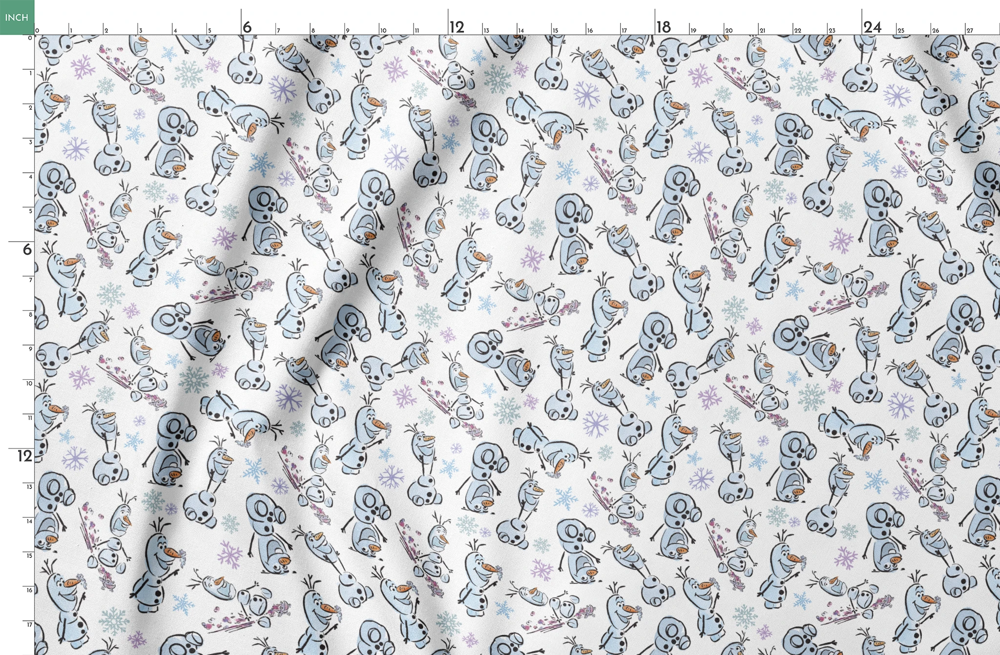 Disney Frozen Olaf with different happy expressions scattered on light blue background with snowflakes springs fatquarter mockup