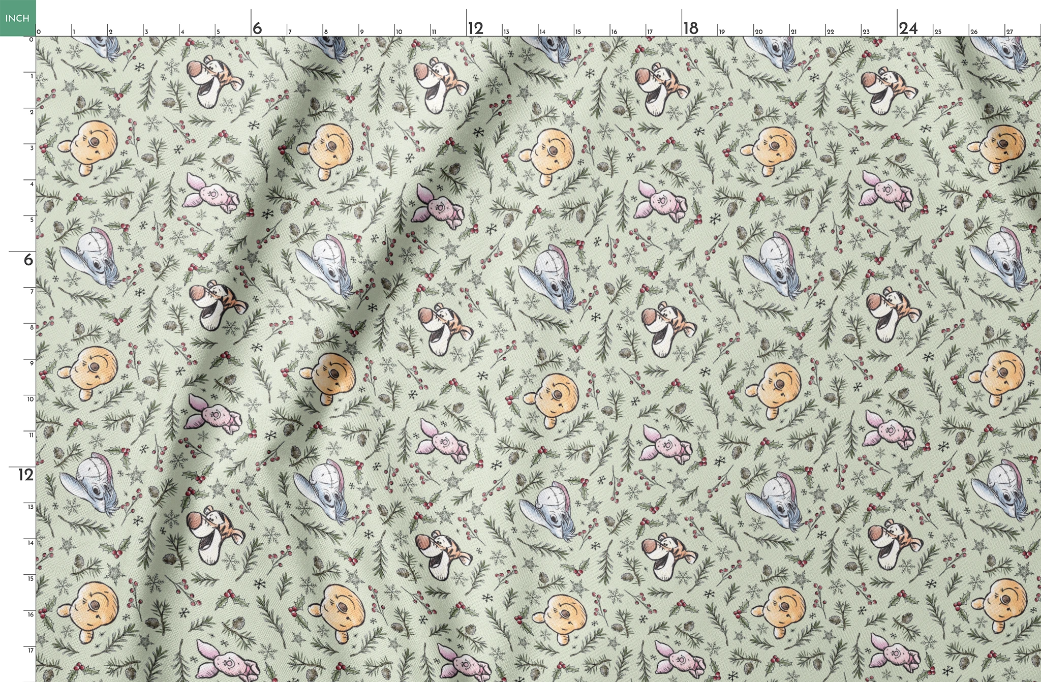Whimsical holiday pattern with cartoon animals, pine branches, berries, and snowflakes on mint green springs fatquarter mockup
