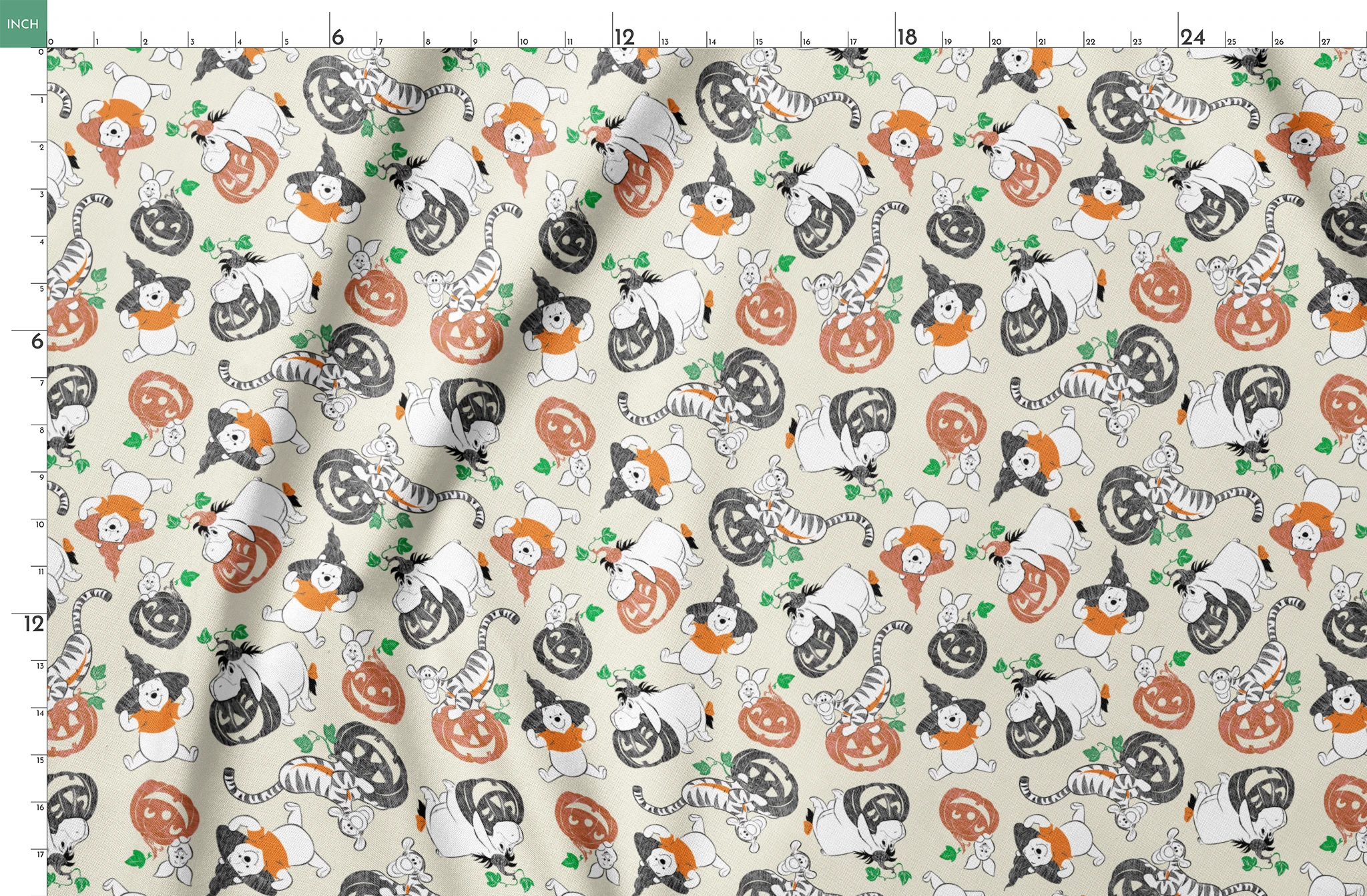 Whimsical Halloween pattern with cartoon ghosts, pumpkins, cats, and bears on cream background springs fatquarter mockup