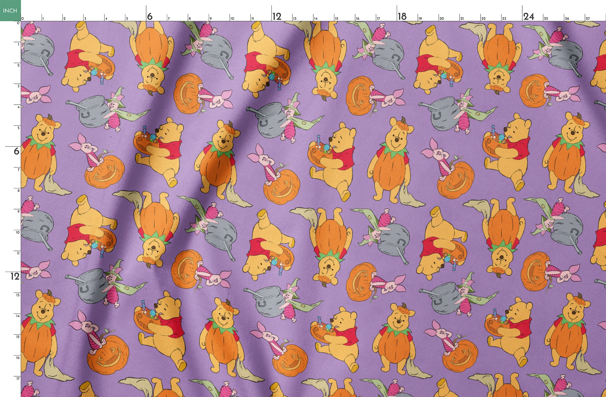 Whimsical Winnie the Pooh pattern with Piglet and Eeyore on purple background with pumpkins springs fatquarter mockup