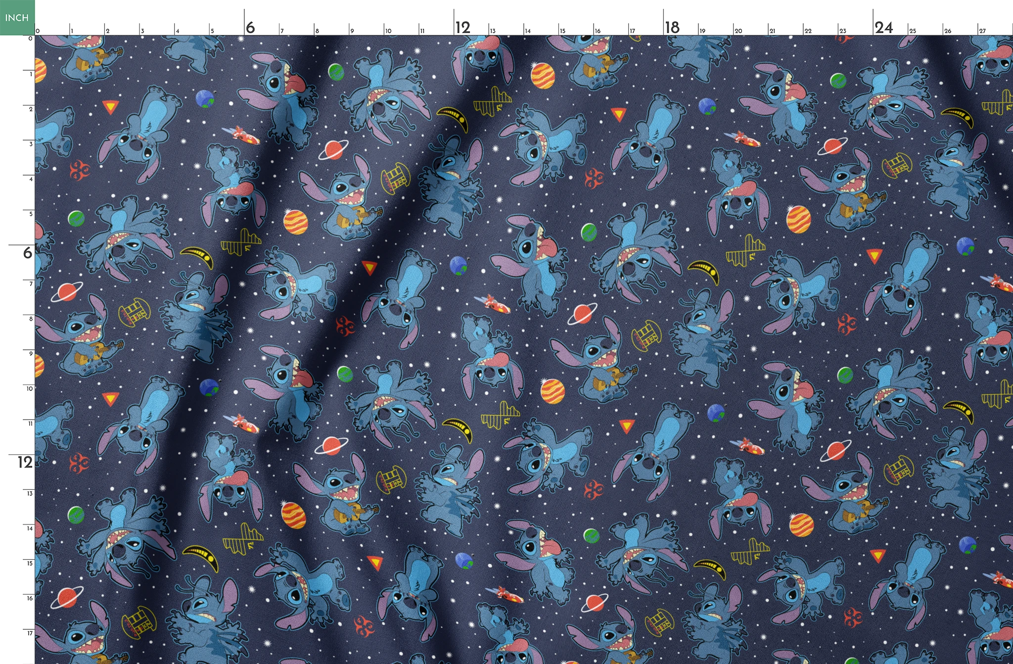 Disney's Stitch floating in space with planets, stars, and spaceships on dark background pattern springs fatquarter mockup