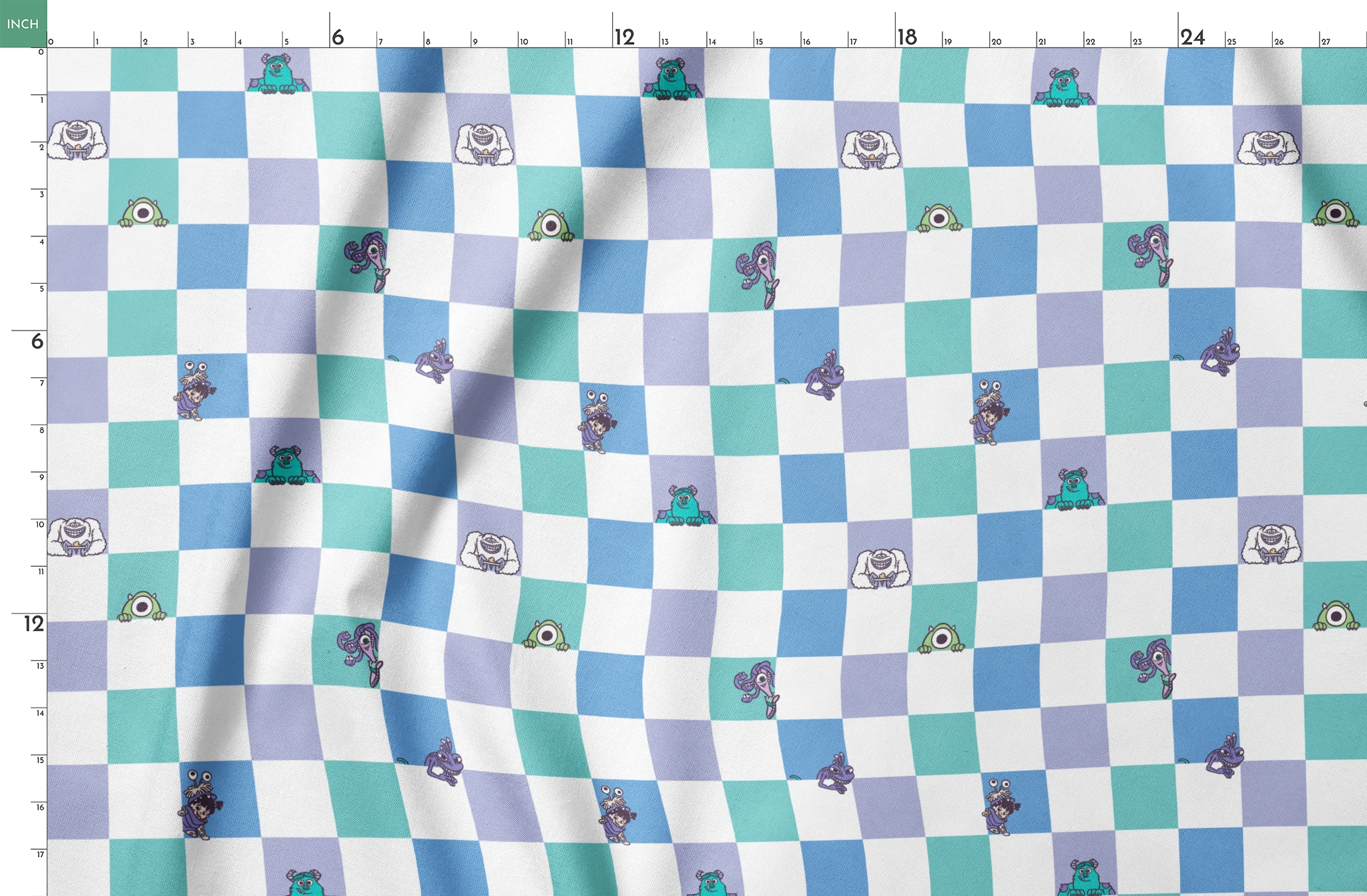 Monsters Inc characters on a checkered pattern of white, mint green, light purple, and blue squares springs fatquarter mockup