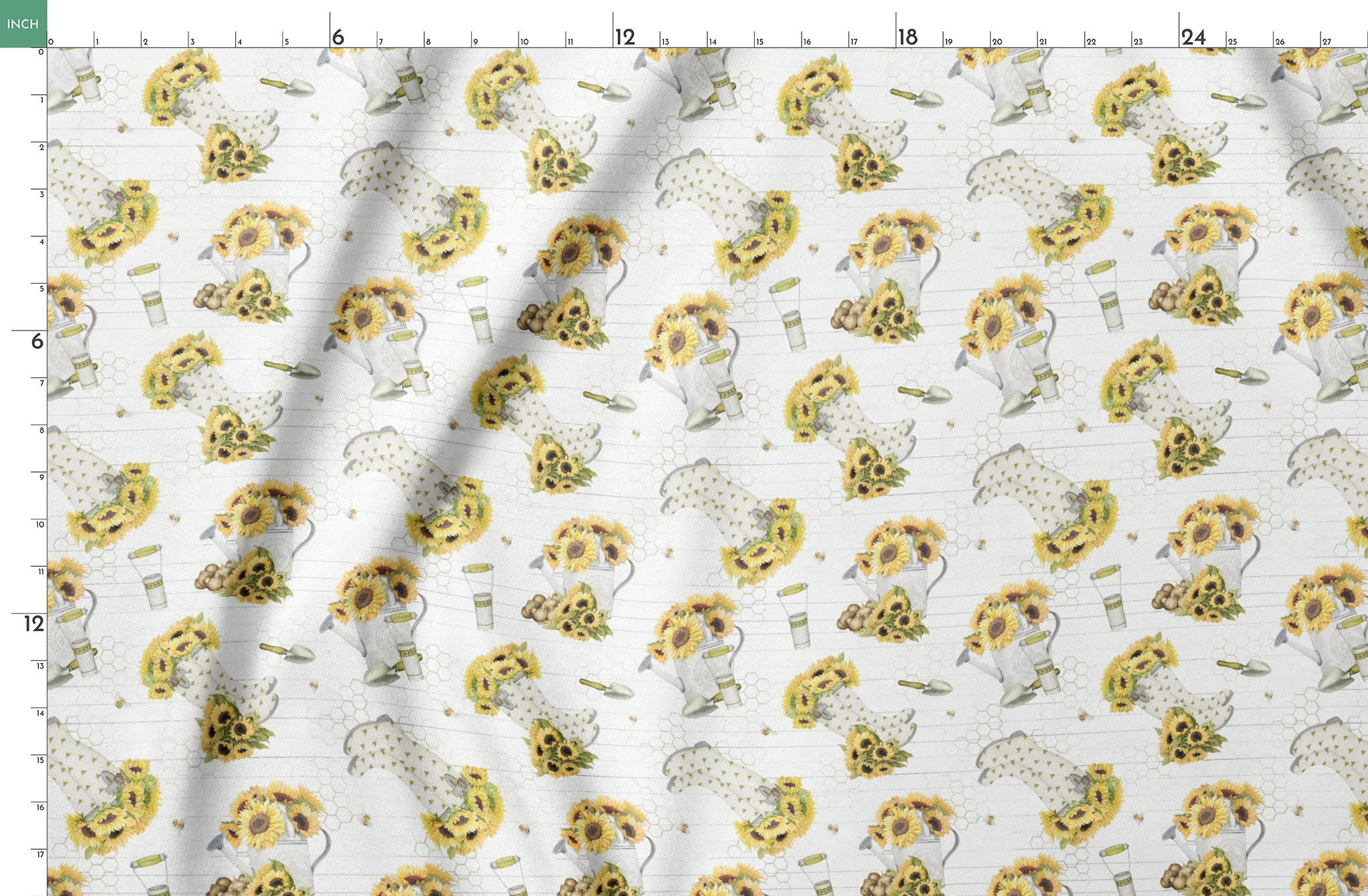 Sunflower-filled watering cans with bees, trowels, and garden tools on a white shiplap and honeycomb background. Designed by Nicole Tamarin. springs fatquarter mockup