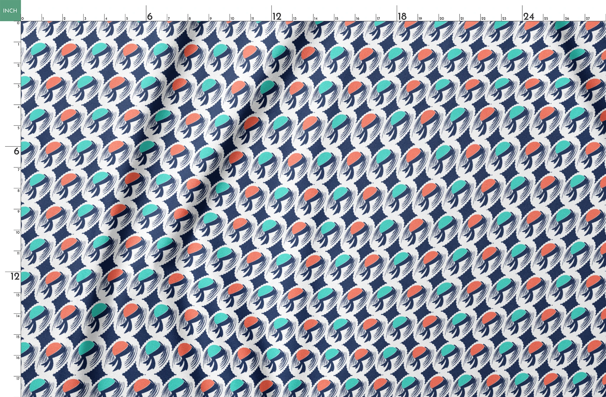 Abstract pattern with repeating mint green and coral circular shapes on navy background with white brushstroke details springs fatquarter mockup