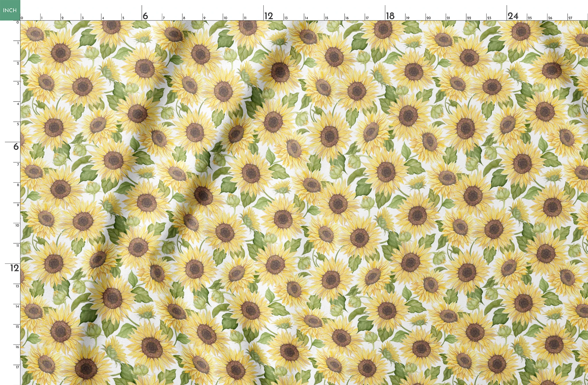 Watercolor-style packed sunflower pattern with yellow blooms and green leaves on a white background, designed by Nicole Tamarin. springs fatquarter mockup