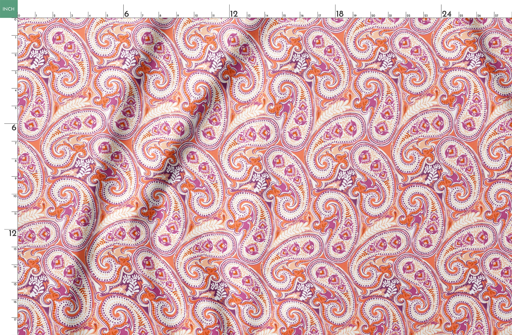 Vibrant paisley pattern in orange, pink and purple with swirling teardrop motifs and ornate details springs fatquarter mockup