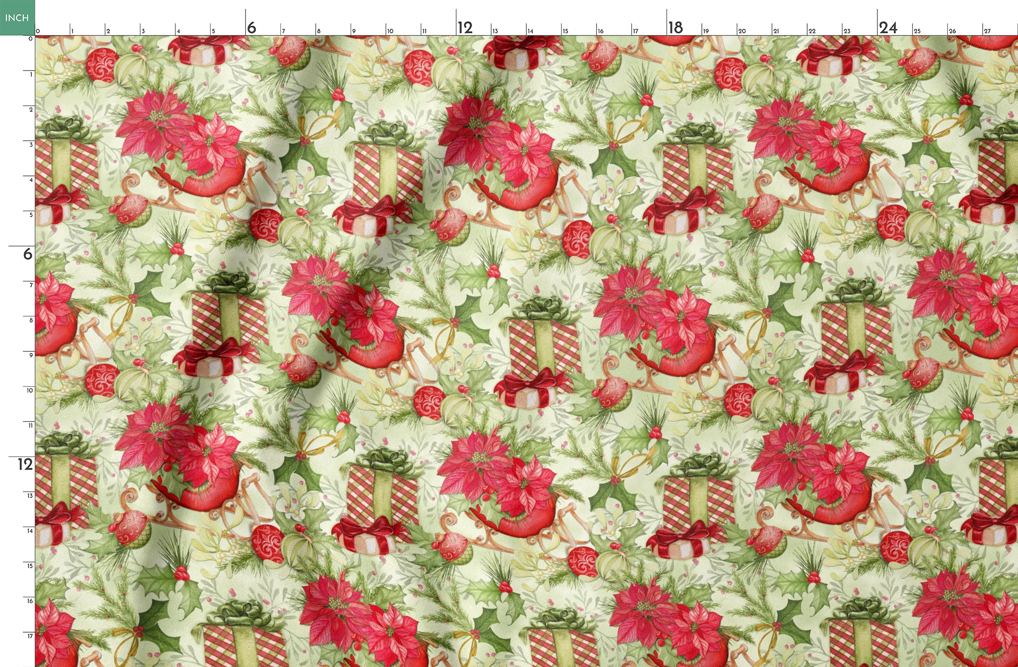 Christmas pattern with red poinsettias, vintage sleighs, wrapped gifts, holiday ornaments, and greenery in a festive toss by Nicole Tamarin. springs fatquarter mockup