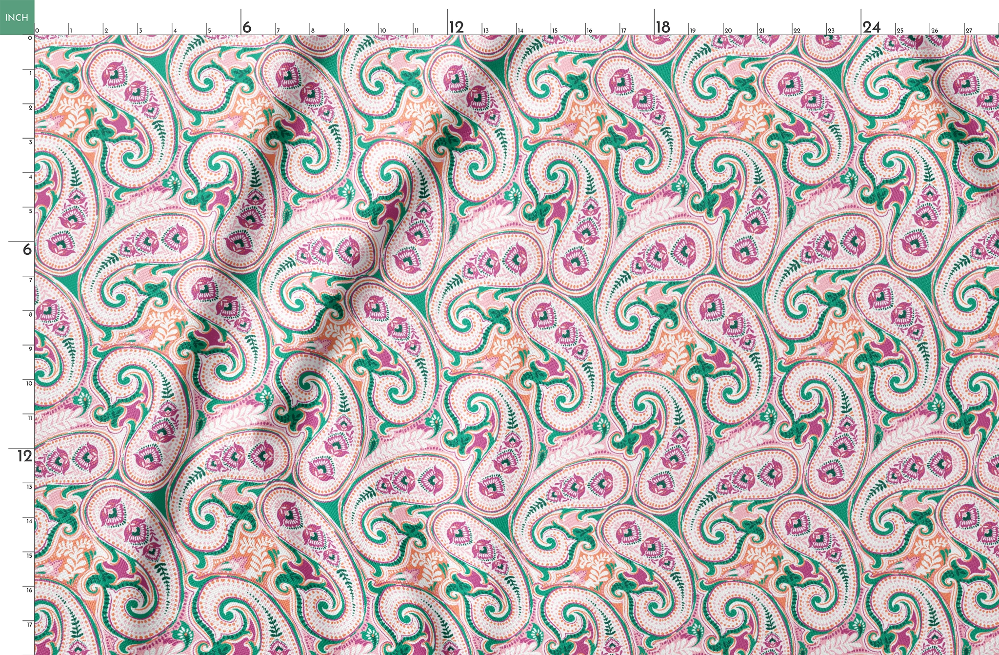 Colorful paisley pattern with swirling teardrop shapes in pink, green, and orange on light background springs fatquarter mockup