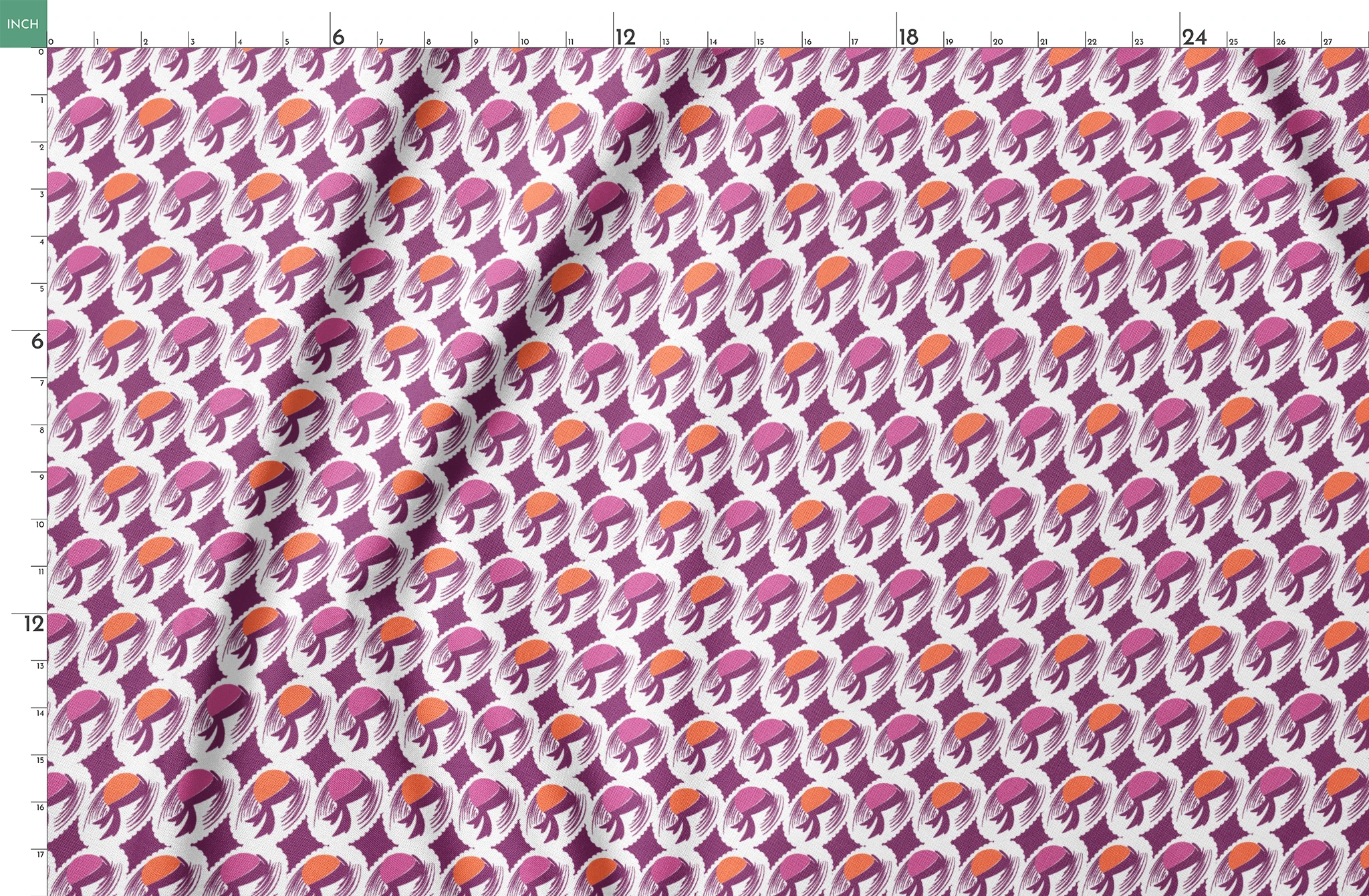 Abstract pattern with purple and orange oval shapes with flowing brush strokes on white background springs fatquarter mockup