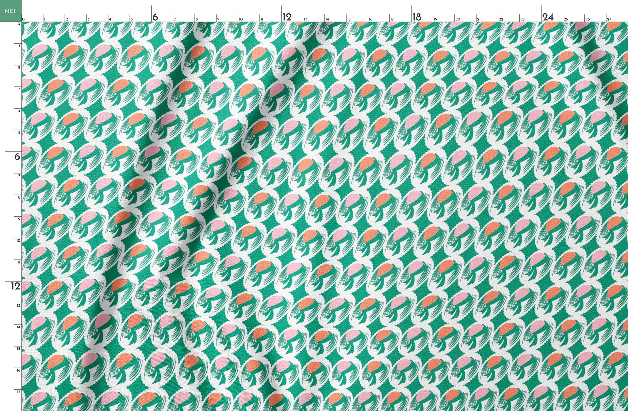 Abstract pattern with pink and orange oval shapes on green brushstroke backgrounds springs fatquarter mockup