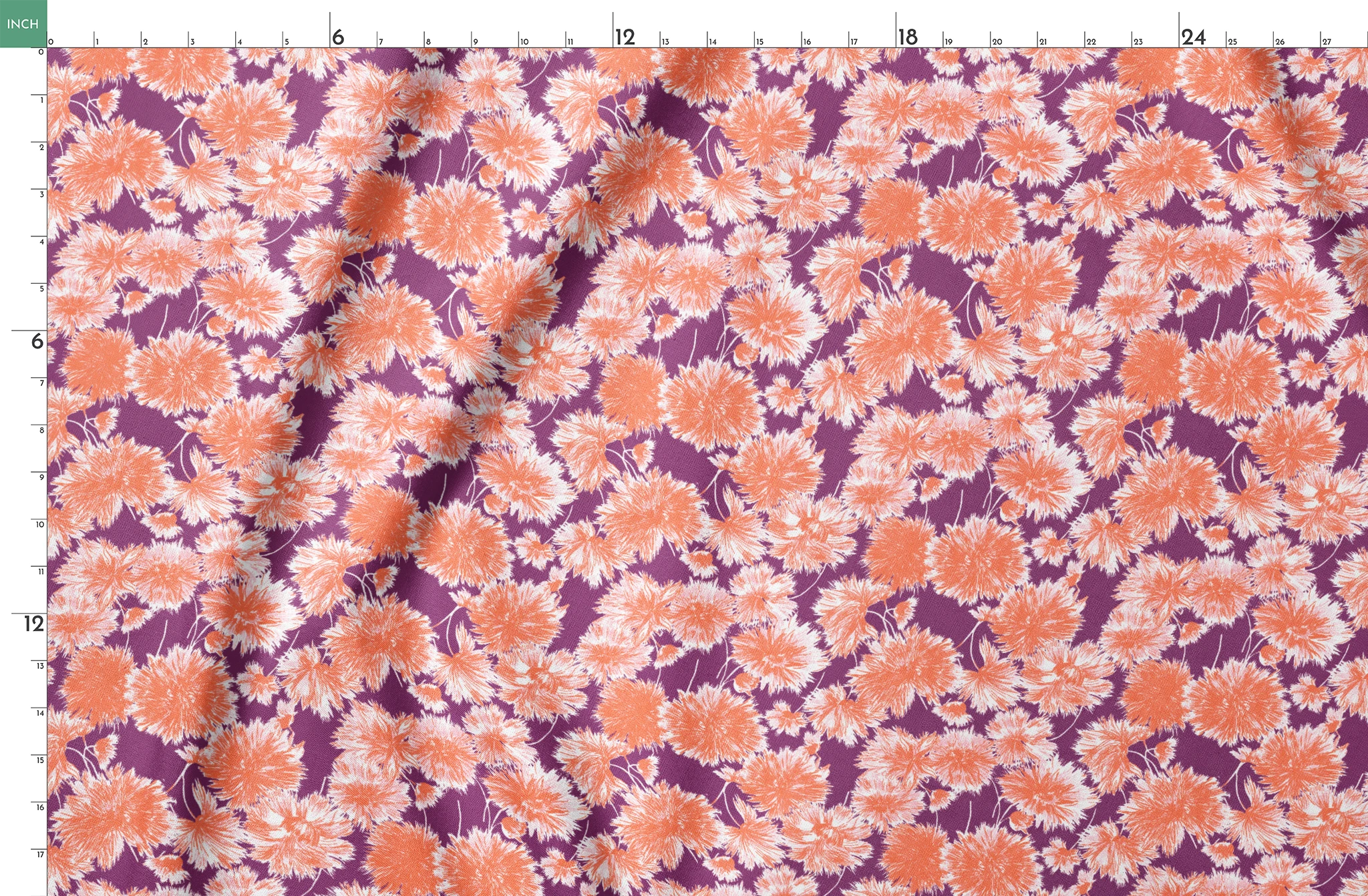Vibrant floral pattern with orange and white chrysanthemum-like blooms on deep purple background springs fatquarter mockup