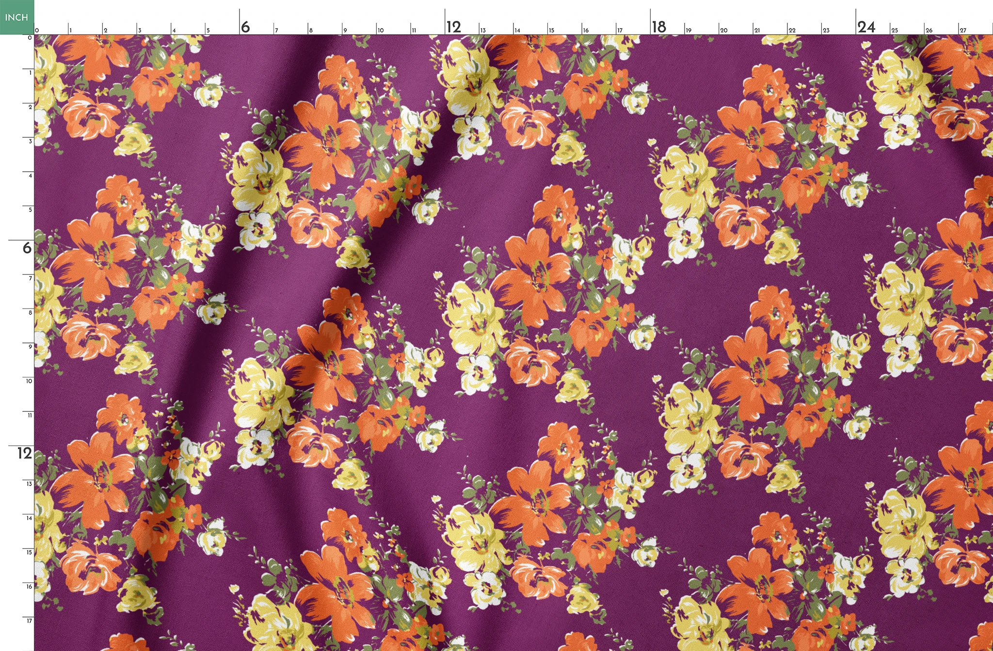 Vibrant floral pattern with orange and yellow blooms against a deep purple background springs fatquarter mockup