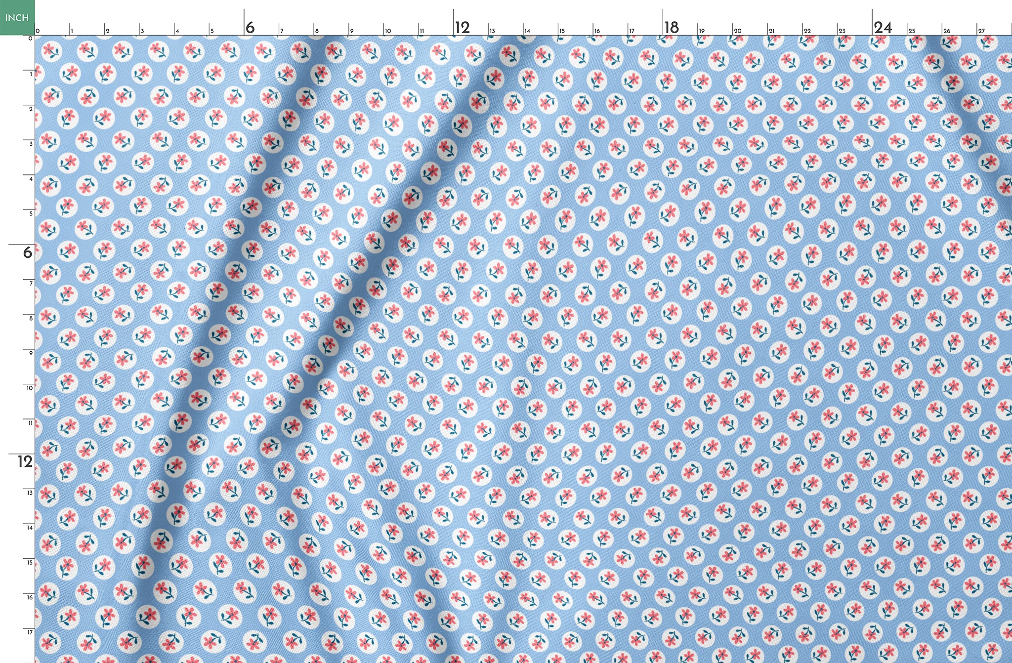 Pink flowers with blue-green stems in white circles on pale blue background, repeating pattern springs fatquarter mockup