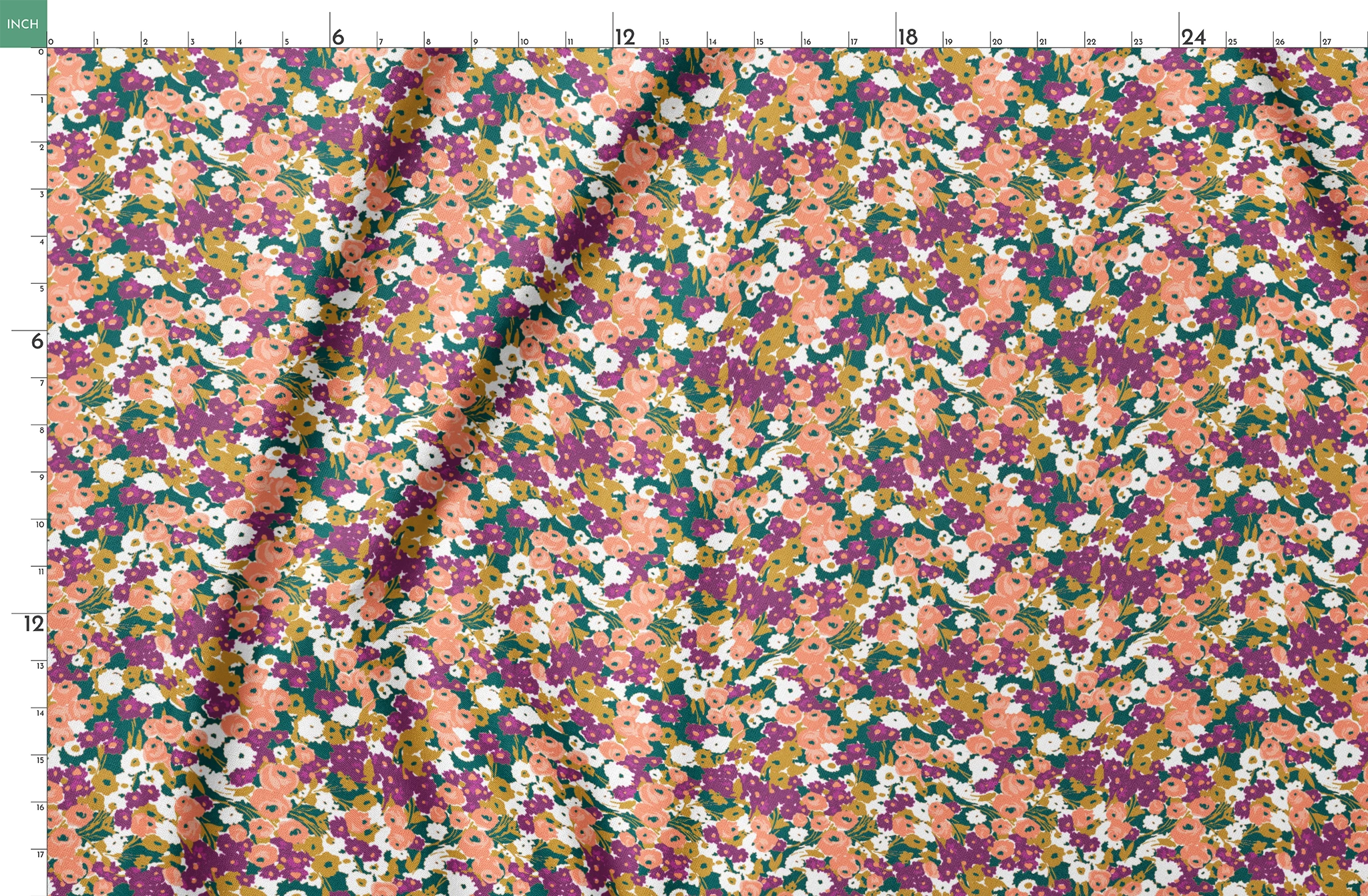 Vibrant floral pattern with peach, purple, white, and gold blooms against dark green foliage springs fatquarter mockup