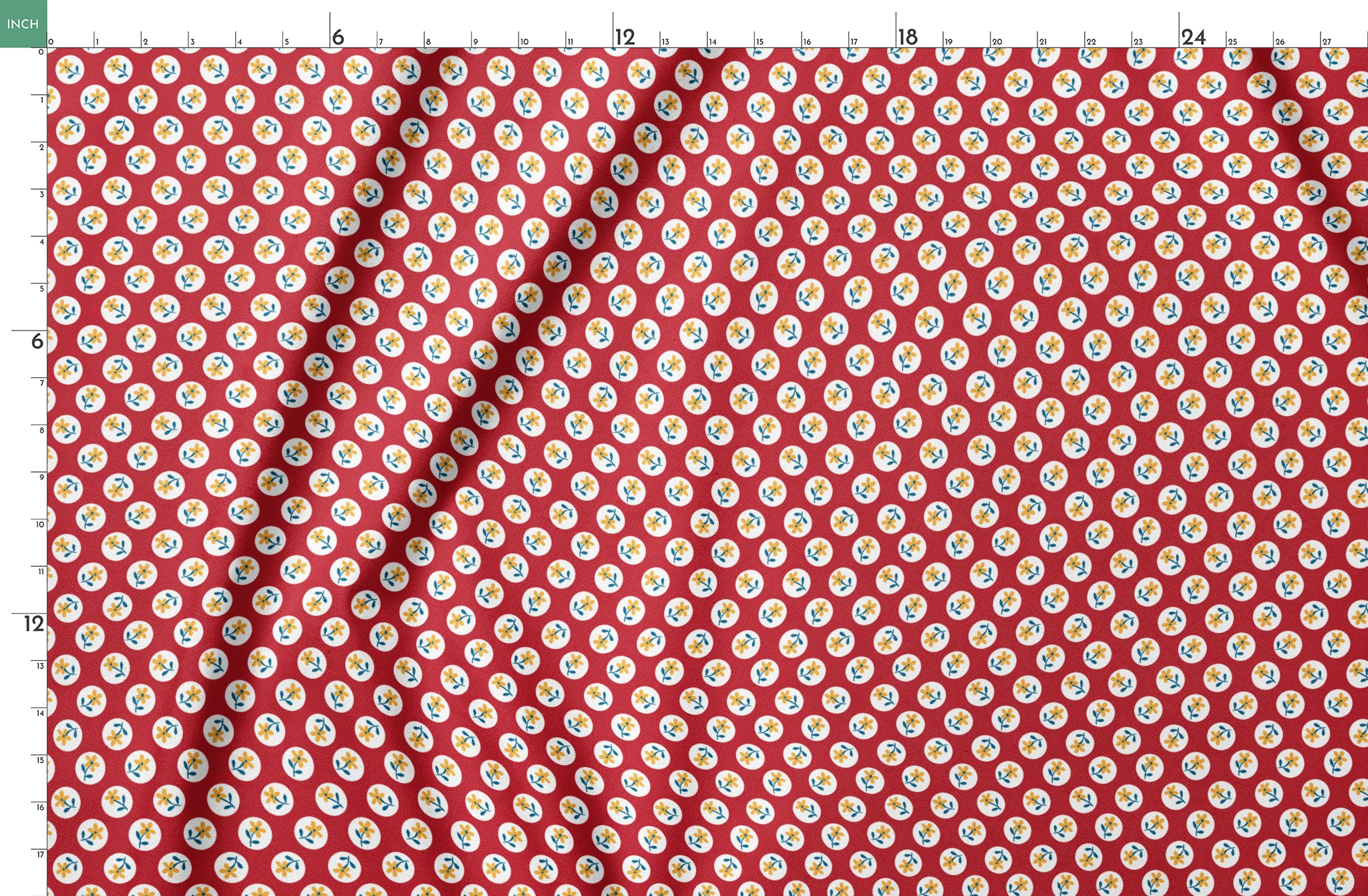 Yellow flowers with blue stems on white circles against red background in repeating pattern springs fatquarter mockup