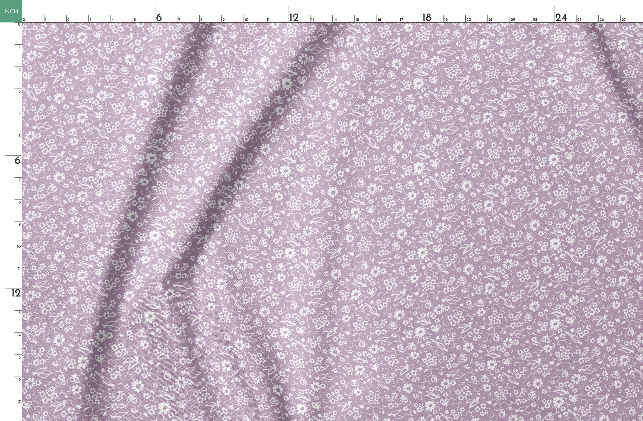 White floral pattern on lavender purple background with daisies and decorative swirls springs fatquarter mockup