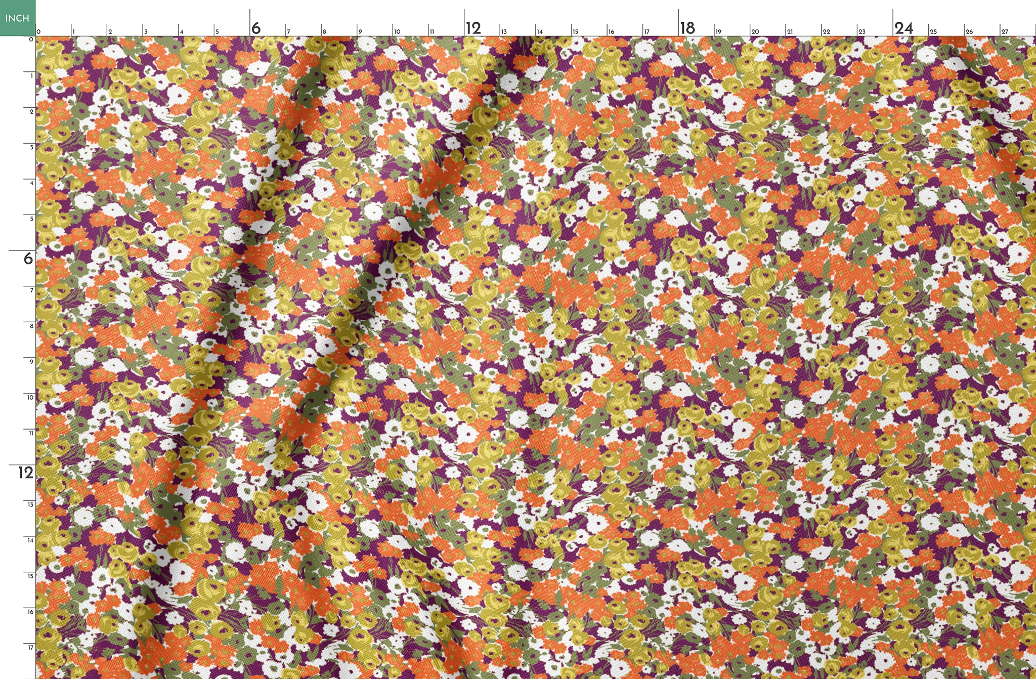 Vibrant floral pattern with white, orange, yellow, green, and purple abstract blooms springs fatquarter mockup