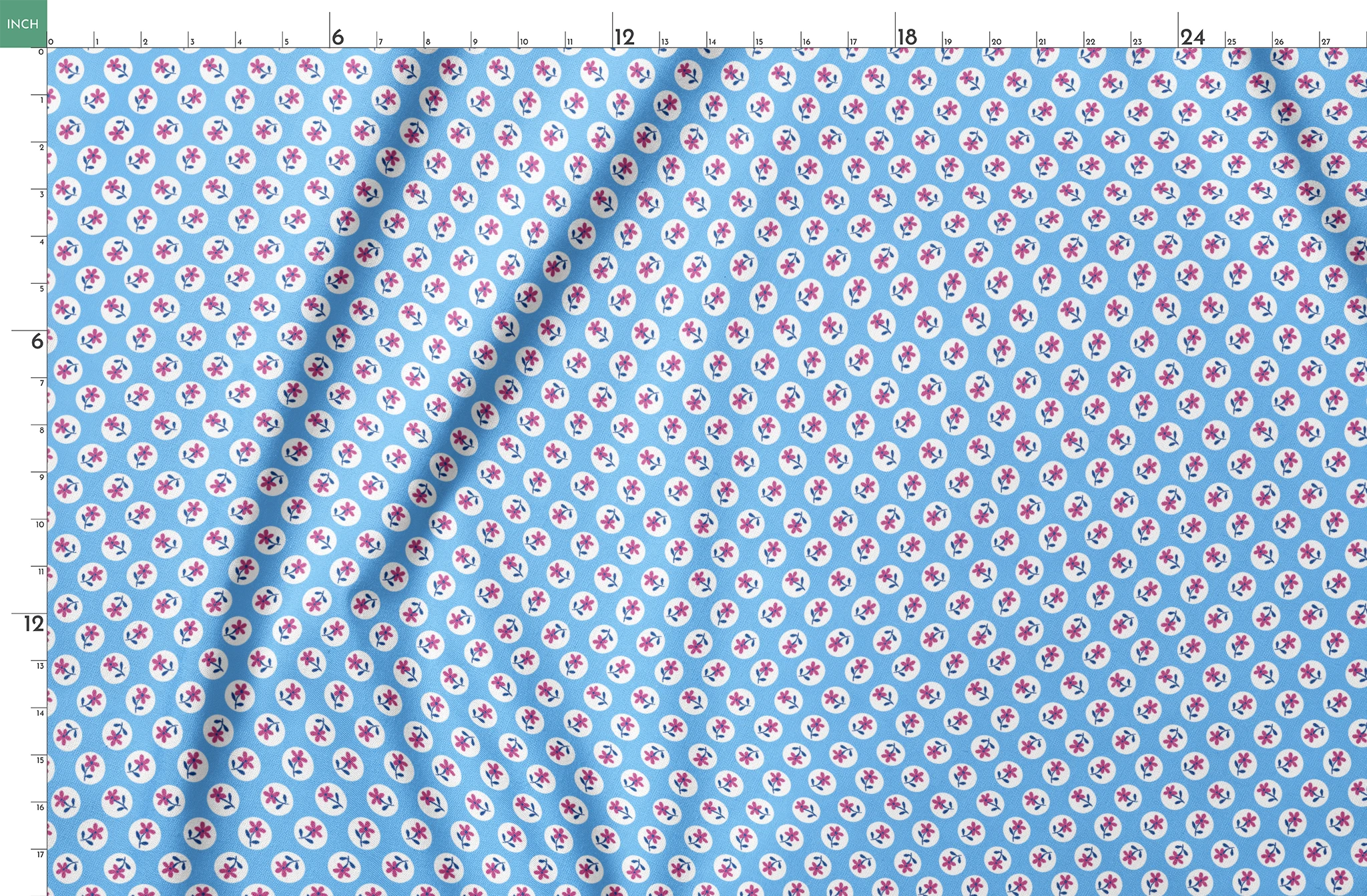 Purple flowers with blue stems inside white circles on light blue background pattern springs fatquarter mockup