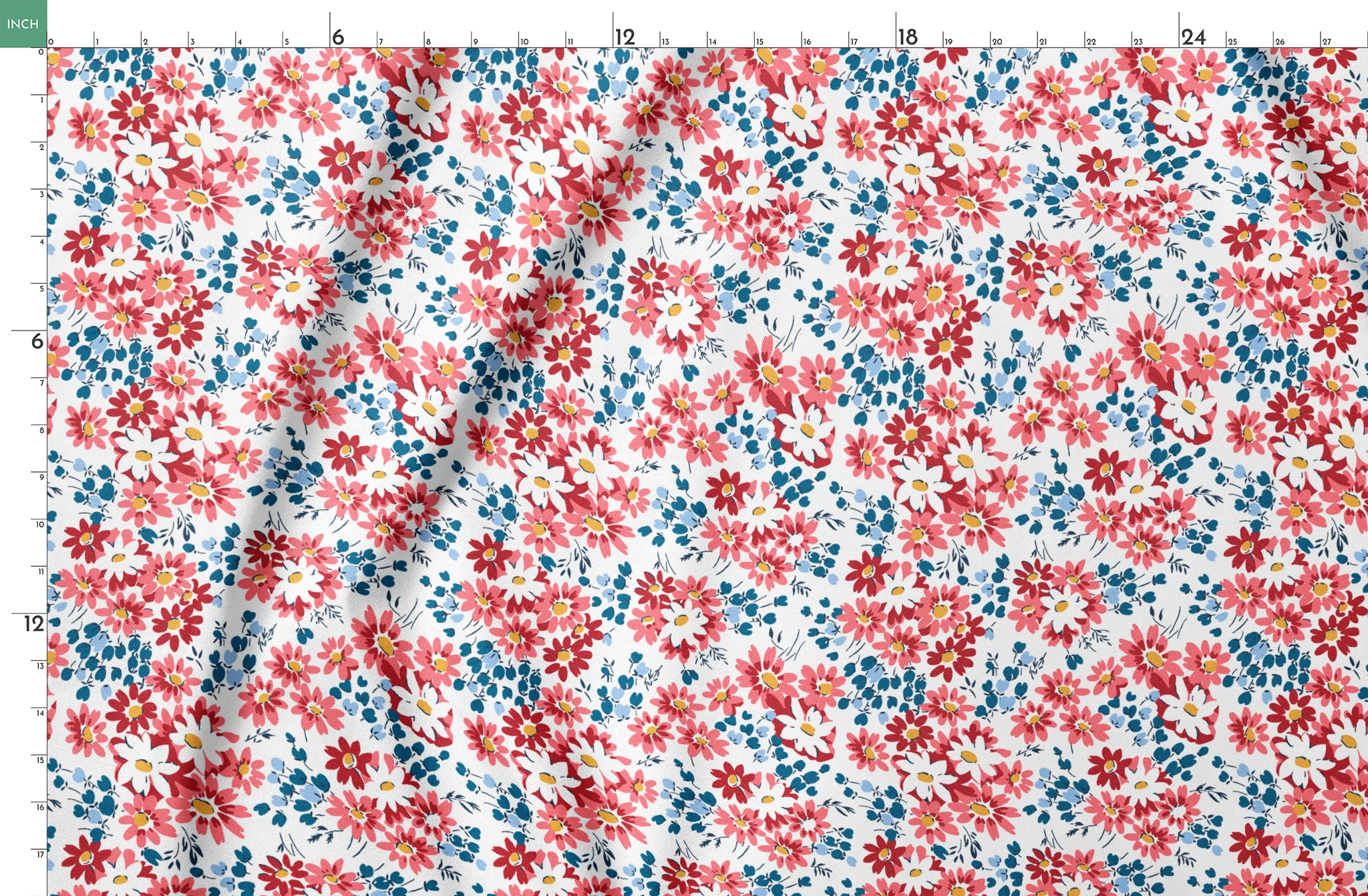 Colorful floral pattern with coral, red, and white daisies with yellow centers and teal leaves springs fatquarter mockup