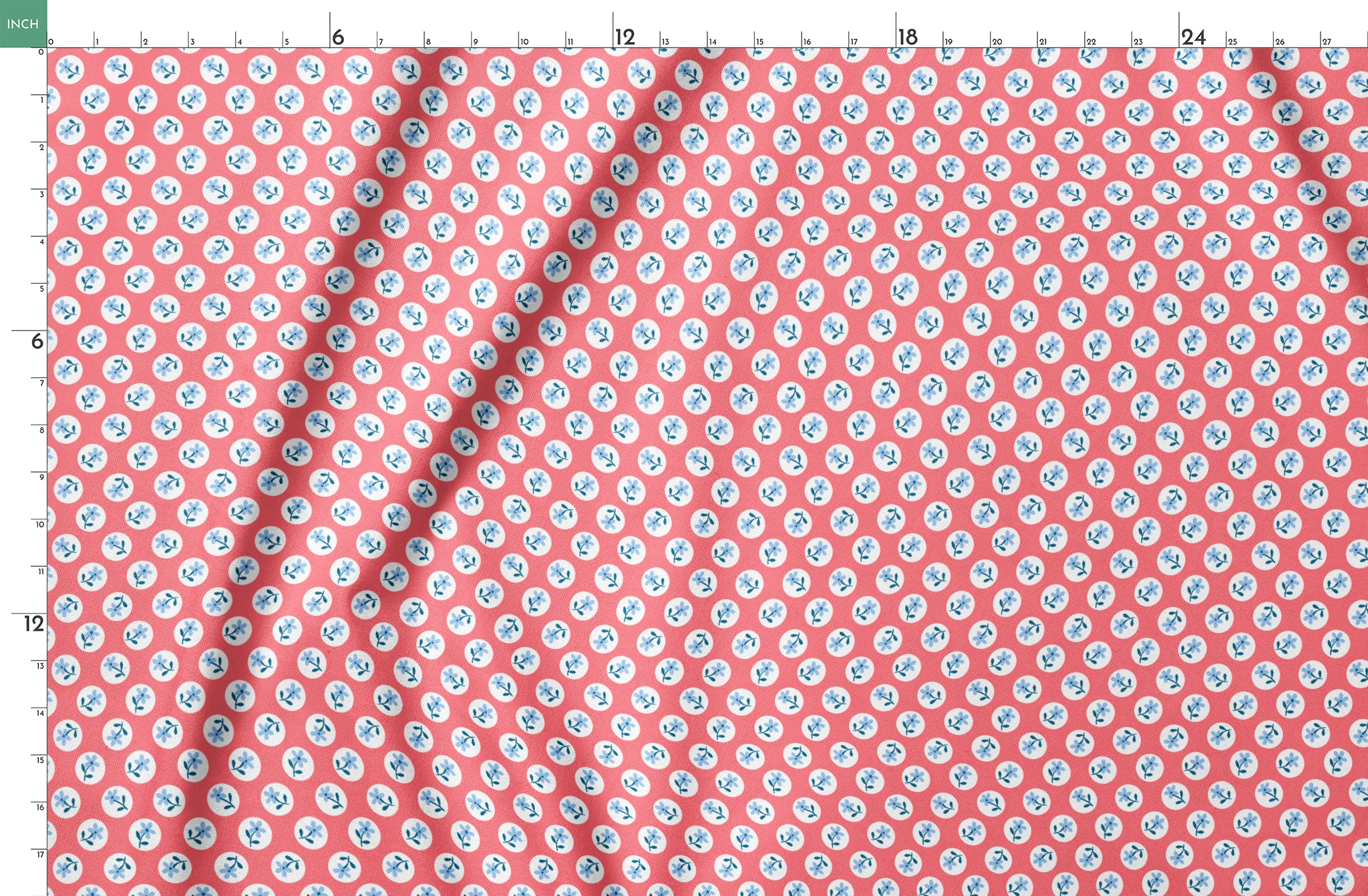 Coral pink background with white circles containing light blue floral designs arranged in a pattern springs fatquarter mockup